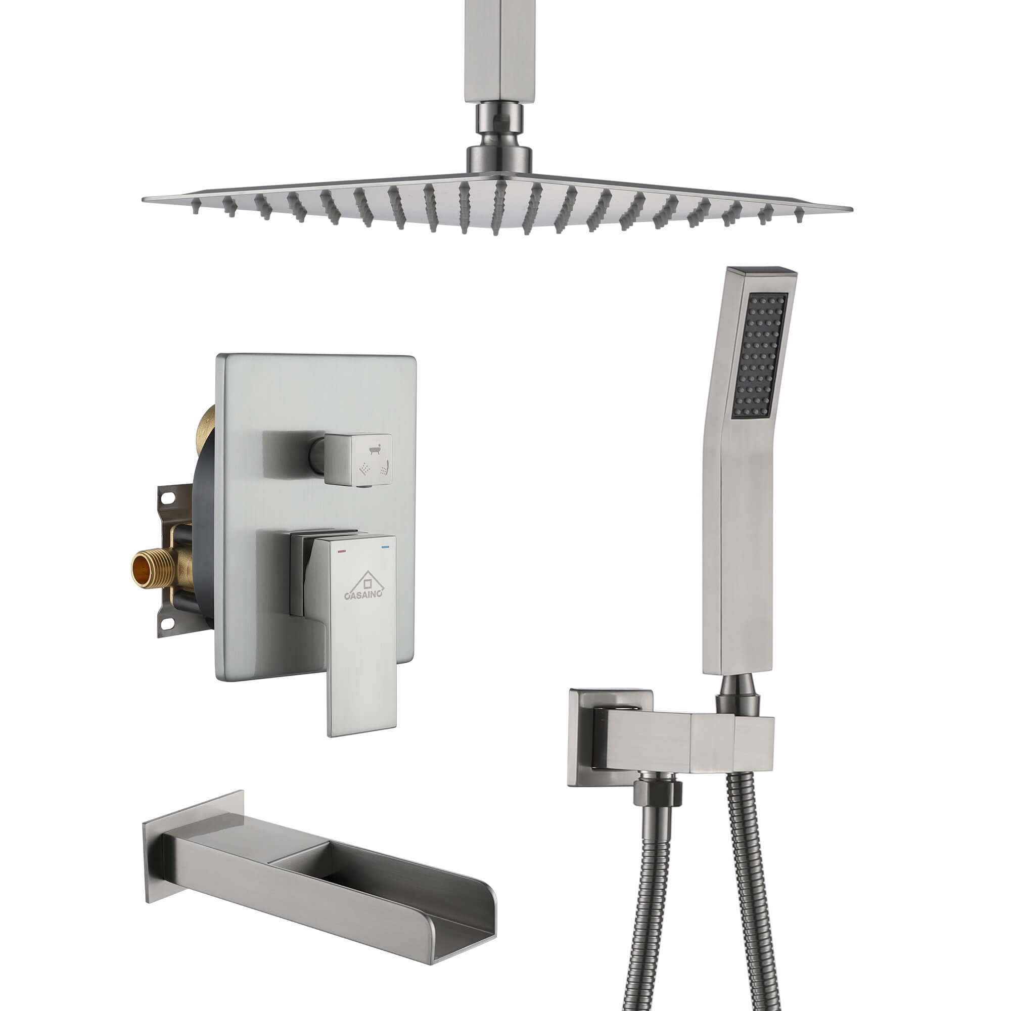 Ceiling Mount Shower System with Tub Spout and Rain Showerhead, Brushed Nickel Ceiling Shower Great for Gentle Rain-Like Water Flow