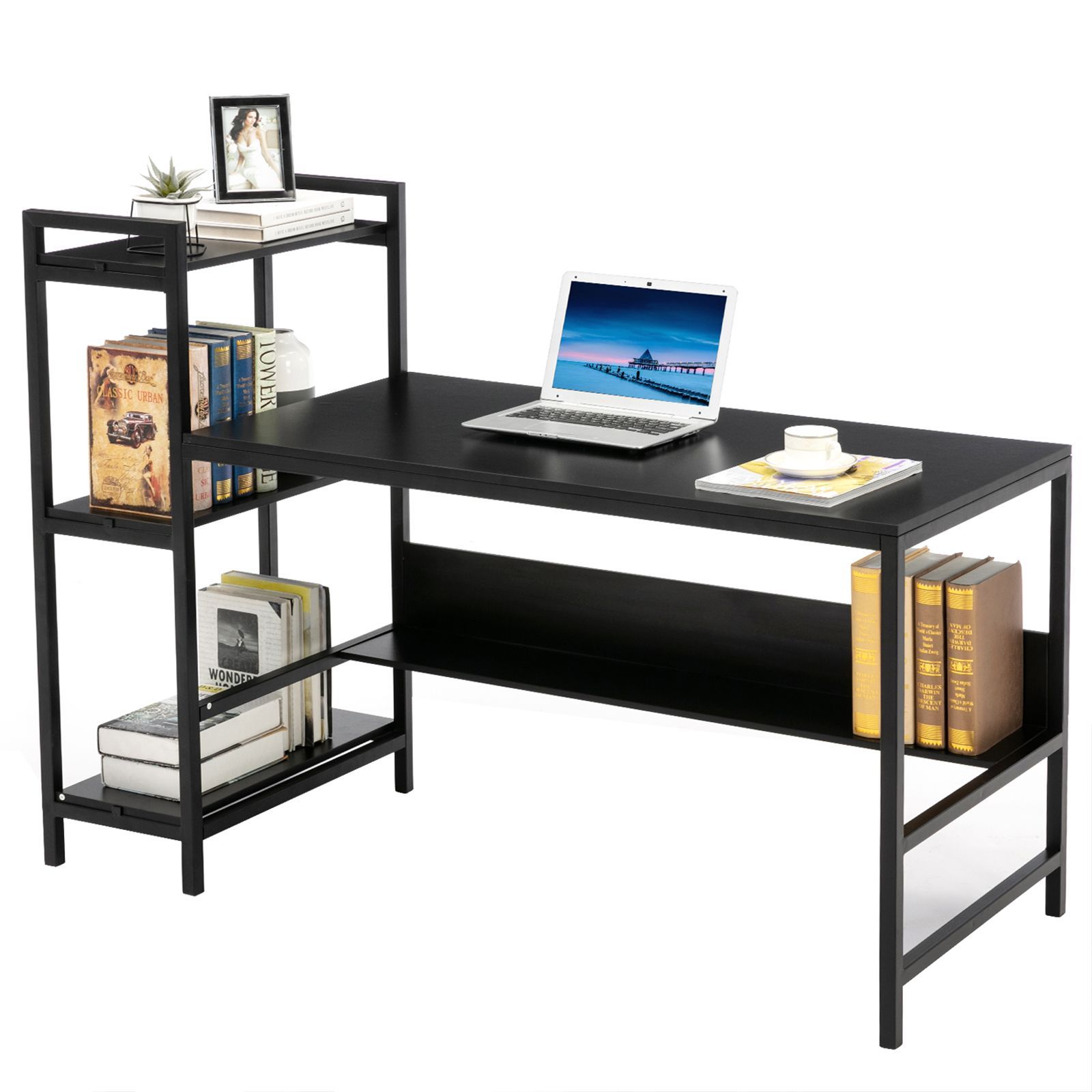 Home Office Desk with Storage Bookshelf, Study Writing Desk, Simple Study Table, PC Laptop Table-CASAINC