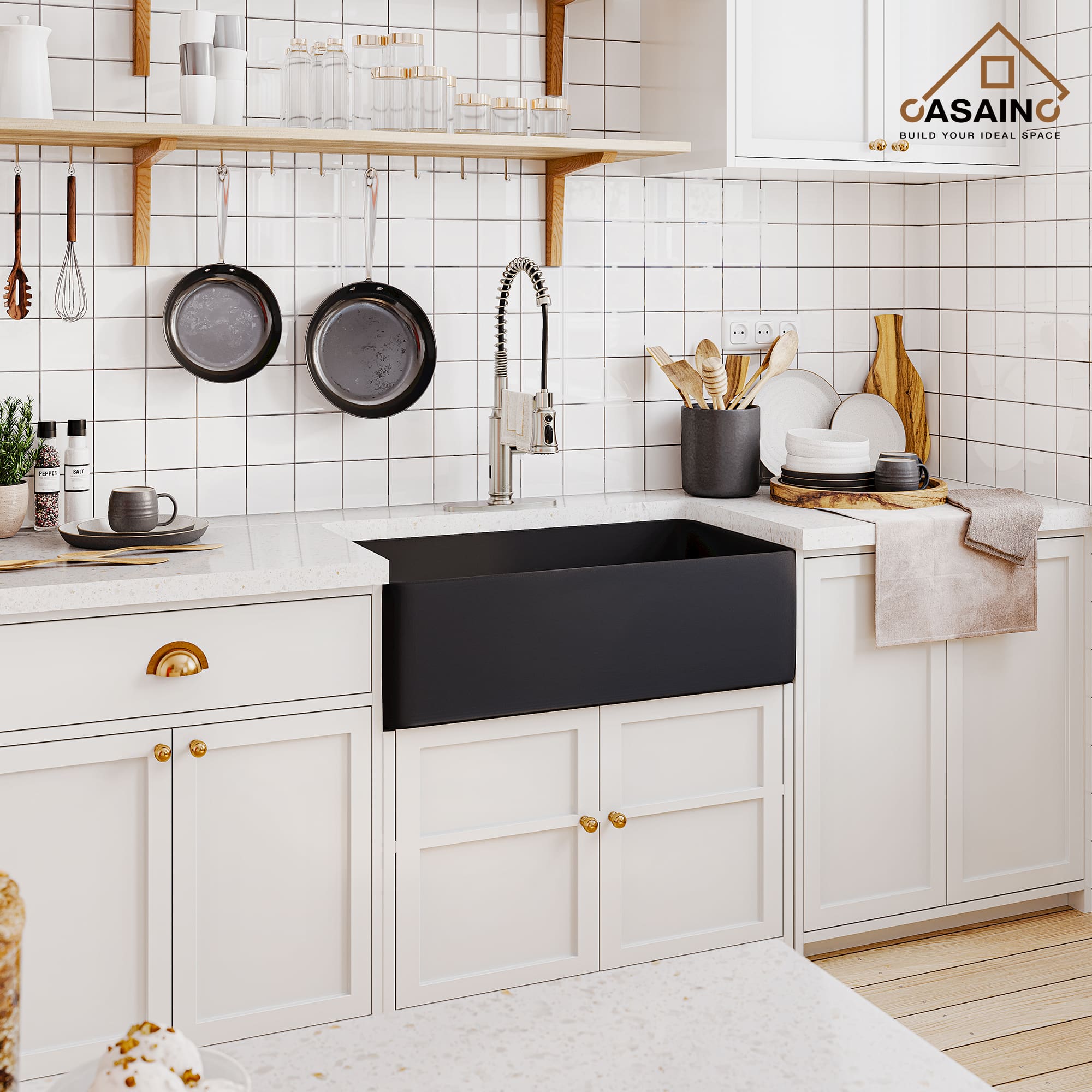 Fireclay 33 in. Single Bowl Farmhouse Apron Kitchen Sink with Bottom Grid and Strainers With cUPC Certified, in White Glossy/Matte Black