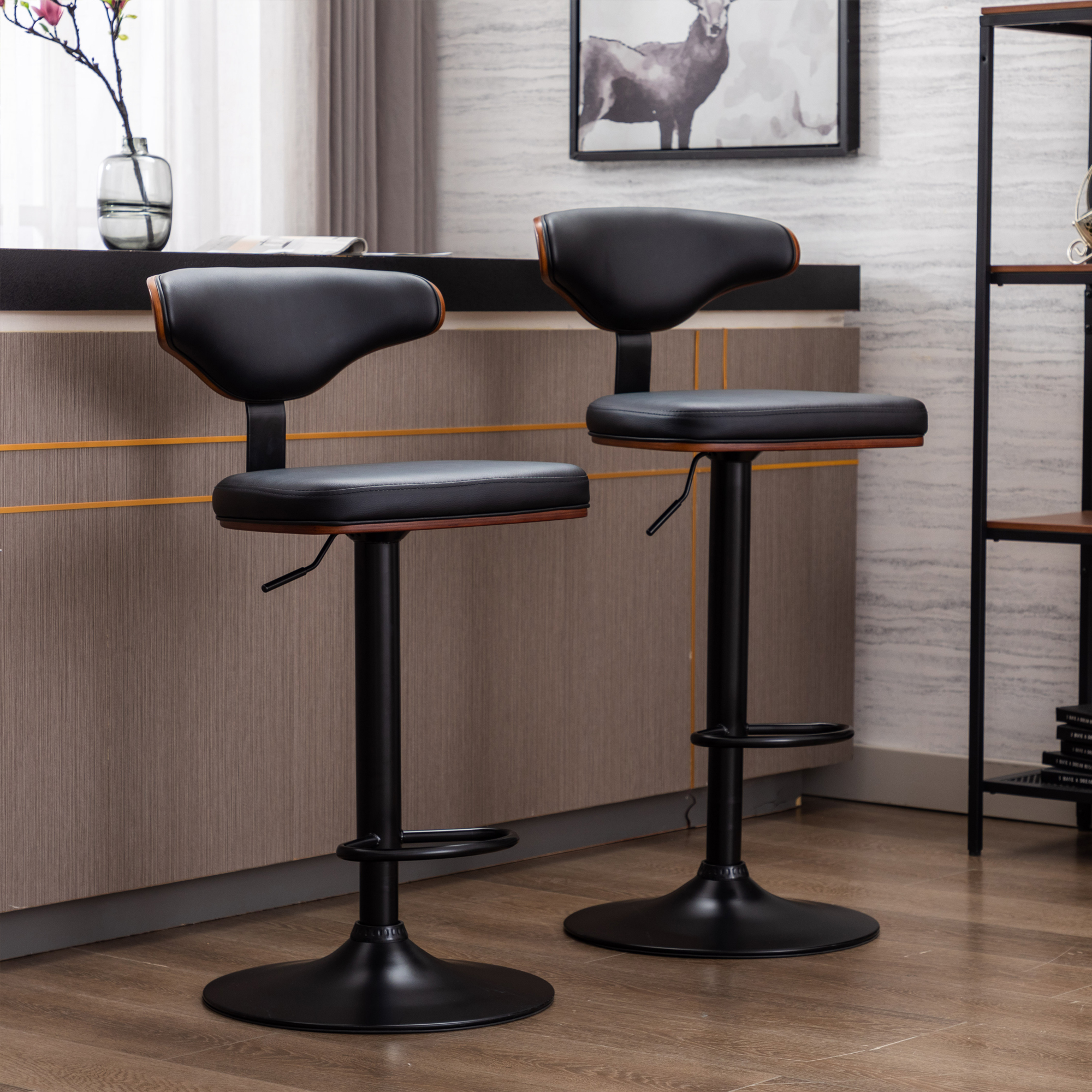 HengMing Bentwood /Adjustable Bar Stools ,Walnut Bentwood Upholstered Swivel Barstool (Set of 2),Black-CASAINC