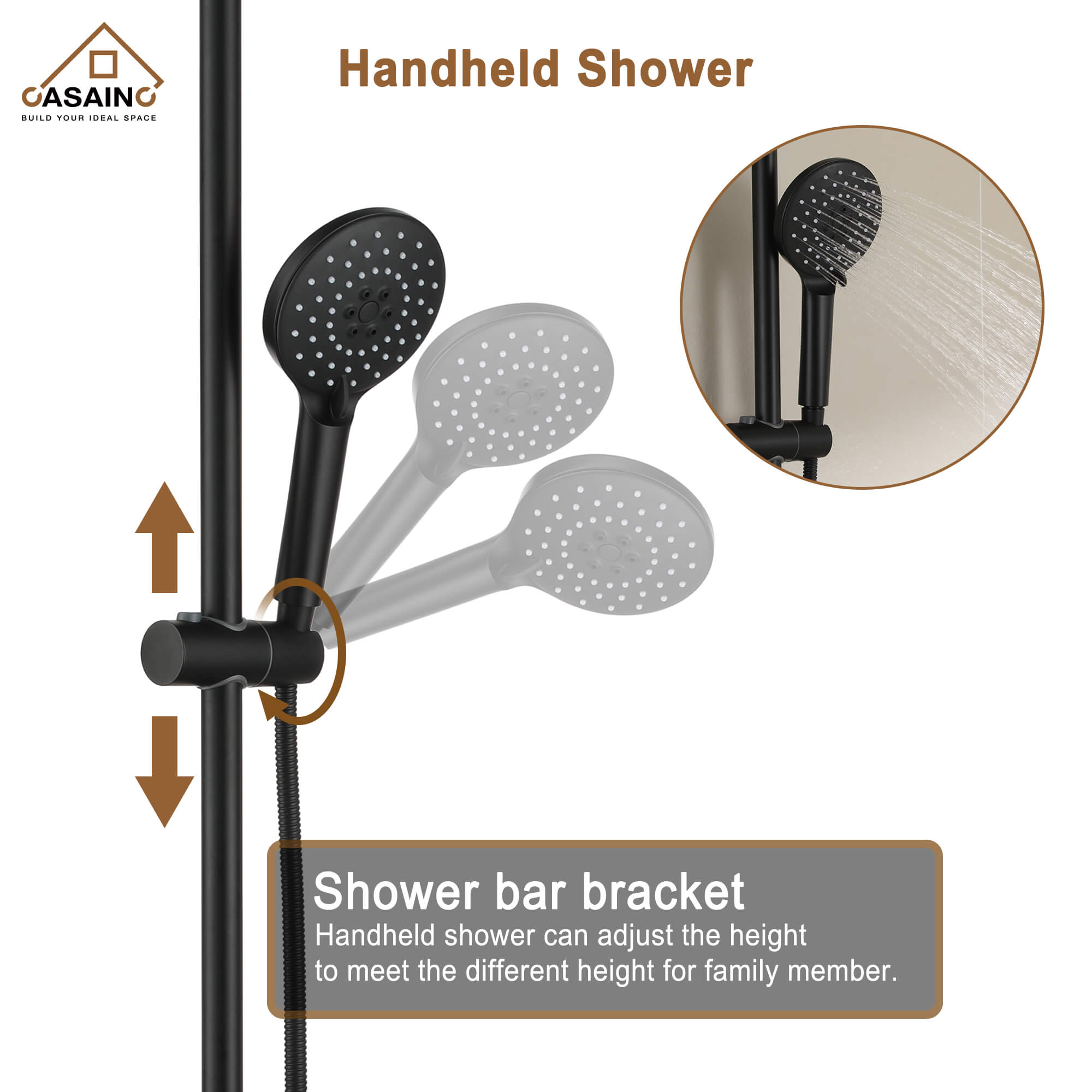 Casainc Matte Black Dual Shower Heads System with 3 Spray Patterns Hand Shower