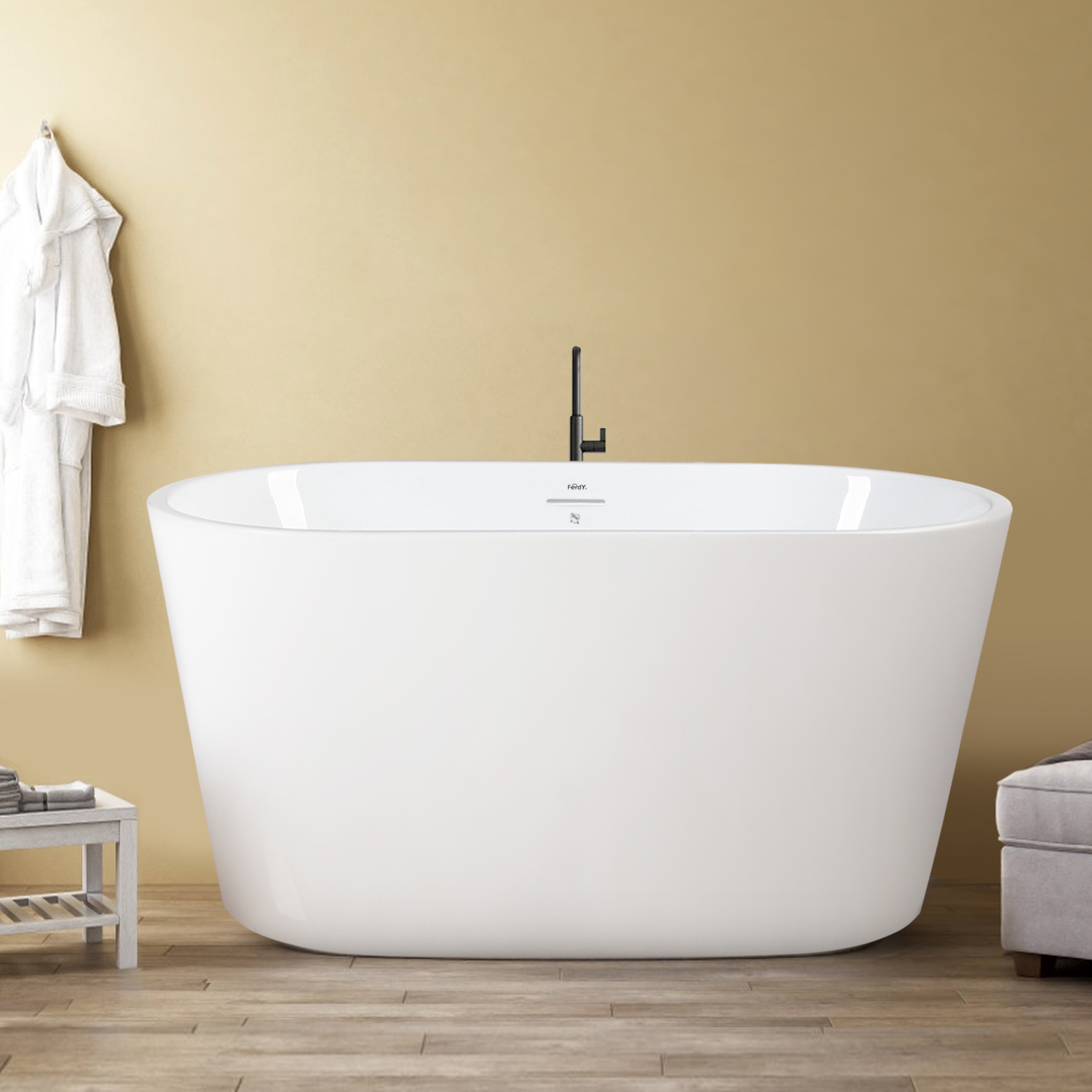Acrylic Freestanding Bathtub, Small Classic Oval Shape Acrylic Soaking Bathtub with Brushed Nickel Drain & Minimalist Linear Design -CASAINC