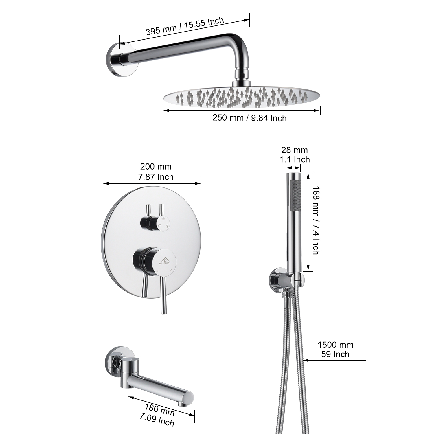 Casainc Round 3 Functions Wall Mount Dual Shower Heads Shower System In Black