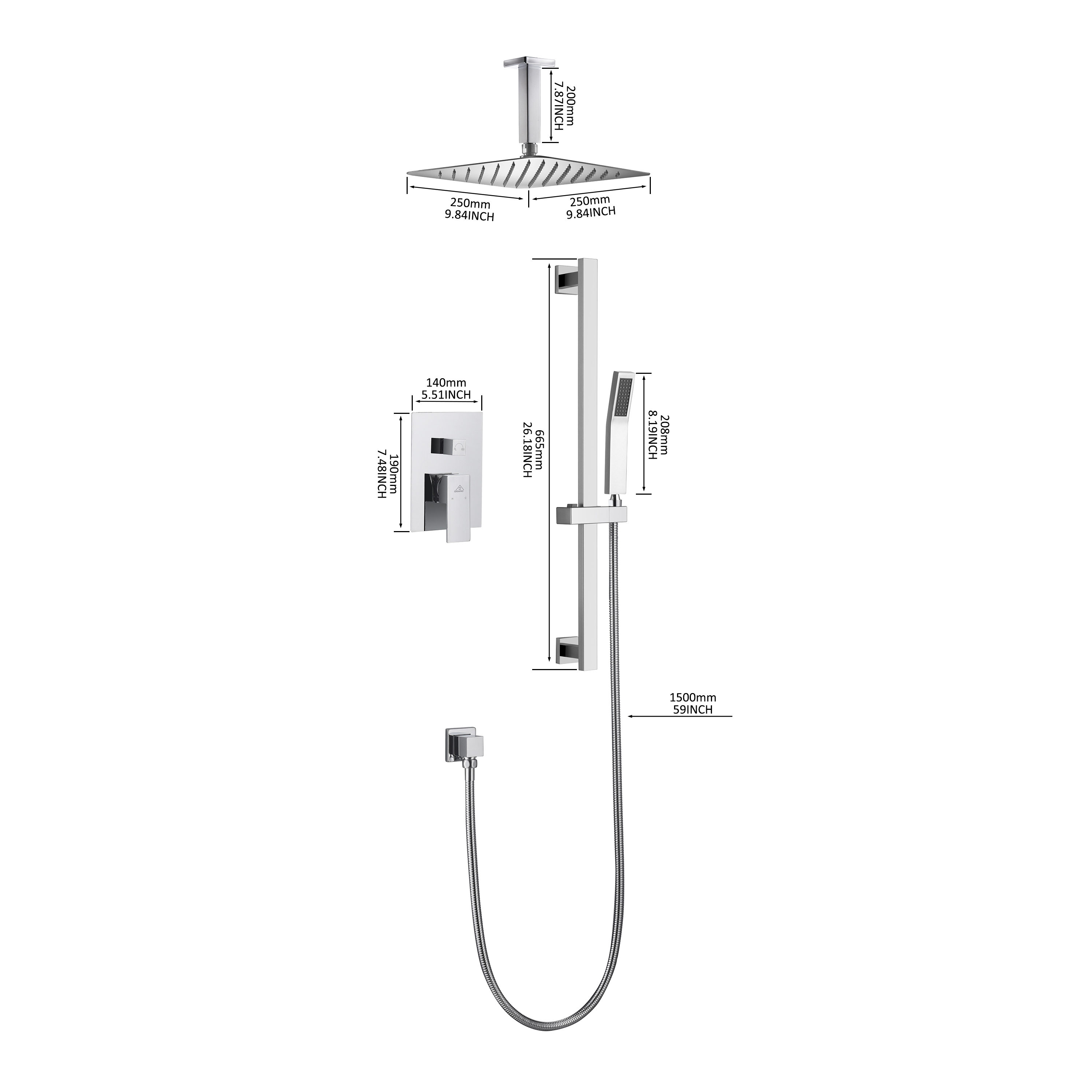 CASAINC 2 Function 10" Ceiling Mount Dual Shower Heads Shower System With Sliding Rod Shower Hand