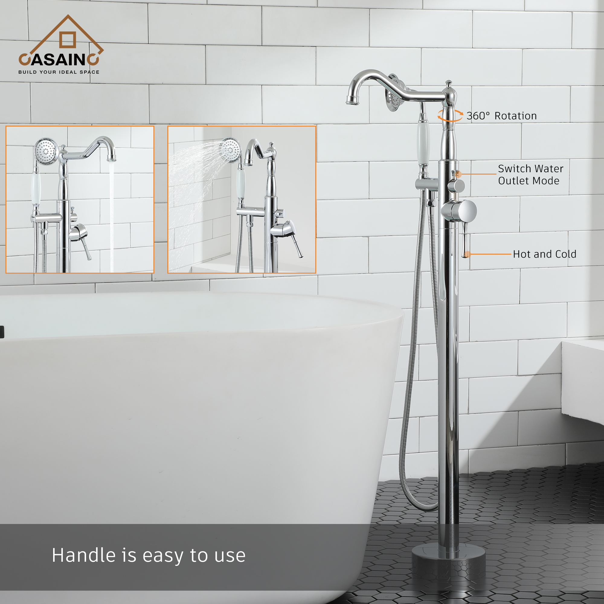CASAINC Single Handle Classical Freestanding Bathtub Faucet with Hand Shower Hand