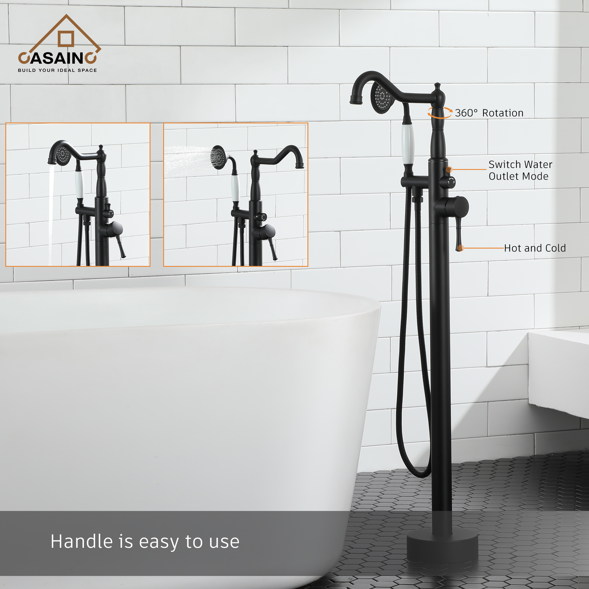 CASAINC Single Handle Classical Freestanding Bathtub Faucet with Hand Shower Hand