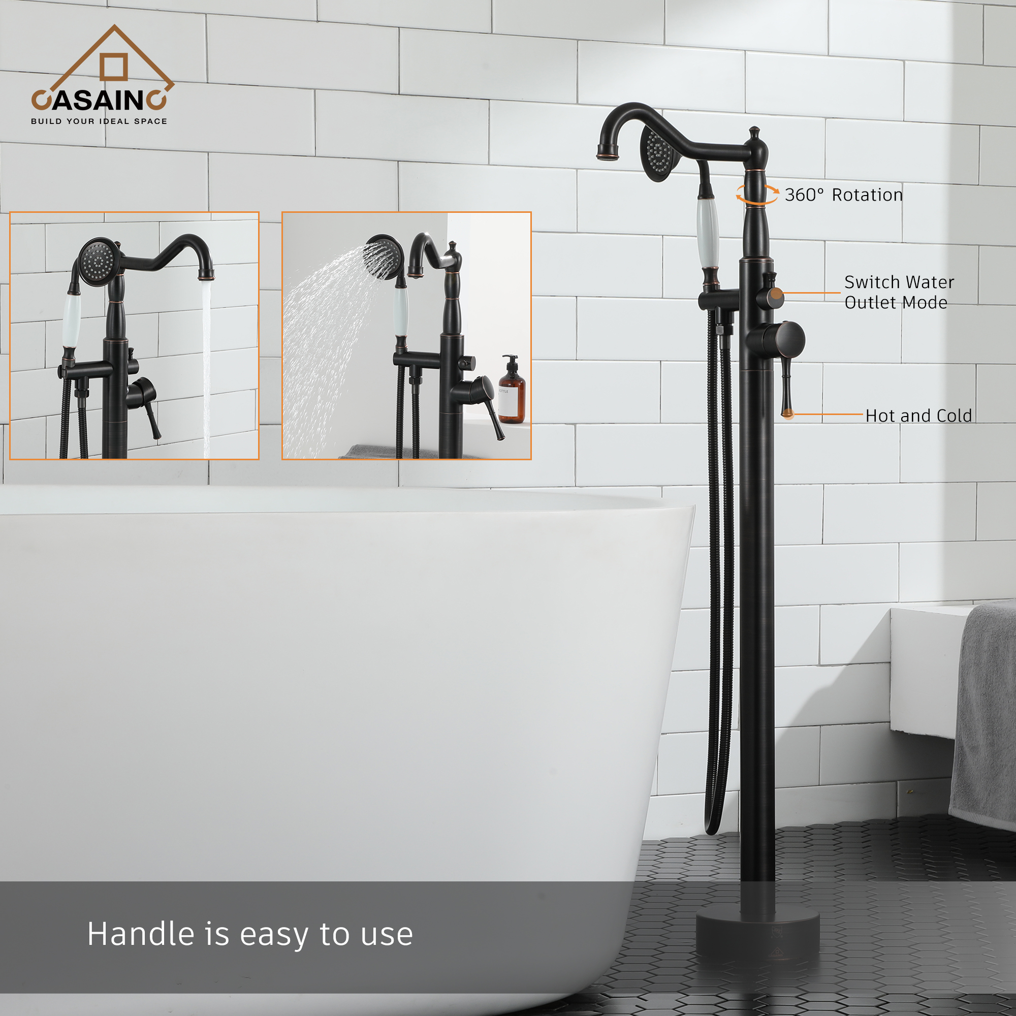 CASAINC Single Handle Classical Freestanding Bathtub Faucet with Hand Shower Hand