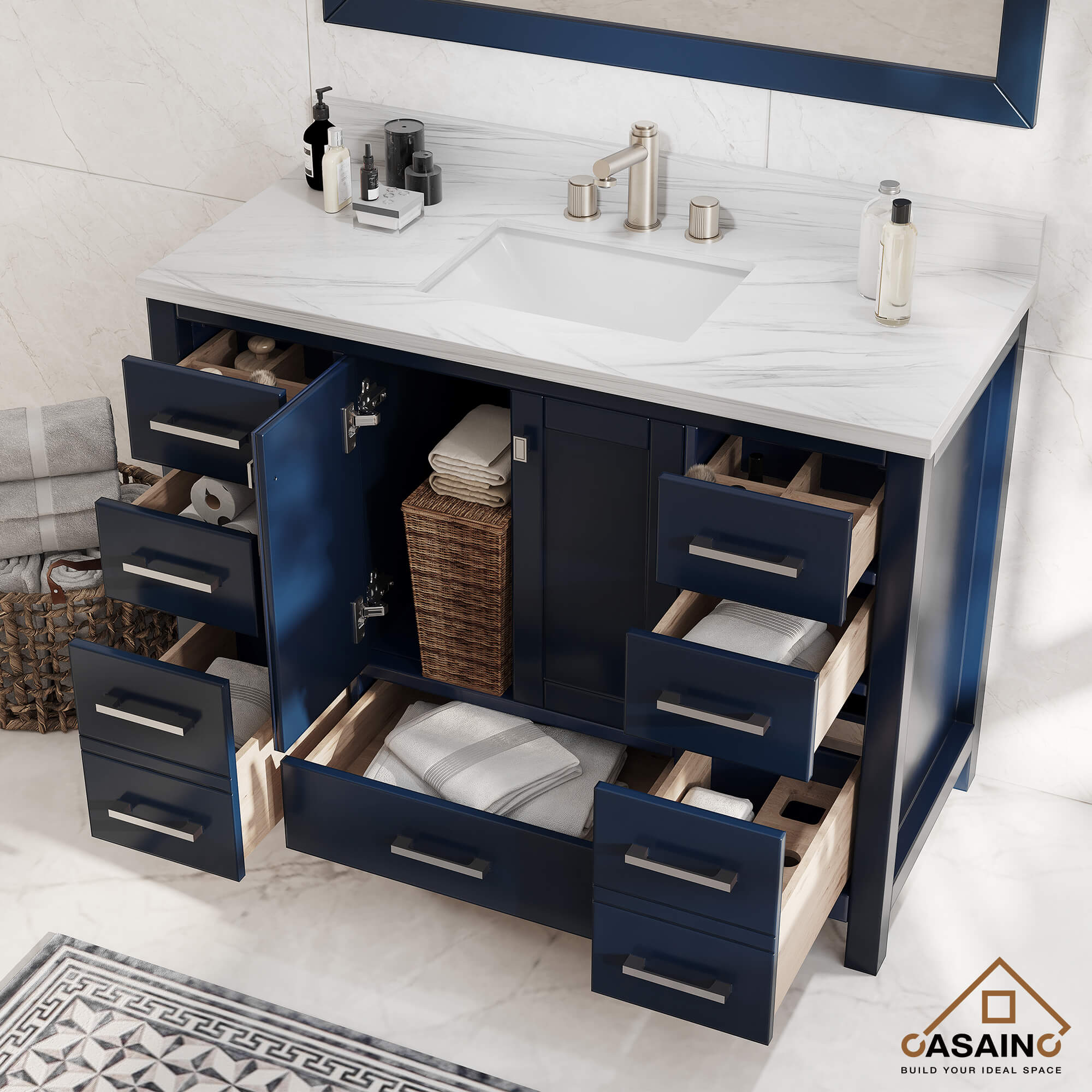 CASAINC 48 x 22 x 35.4 in. Solid Wood Navy Blue Bath Vanity with Carrara White Marble Countertop (No/With Mirror)