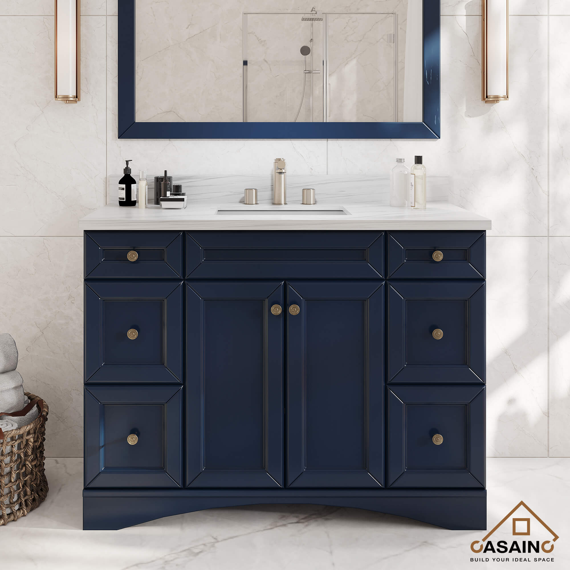 CASAINC 48 x 22 x 35.4 in. Solid Wood Navy Blue Bath Vanity with Carrara White Marble Countertop (No/With Mirror)