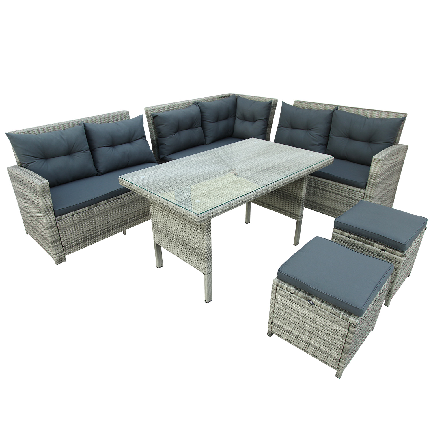  6-Piece Patio Furniture Set Outdoor Sectional Sofa with Glass Table, Ottomans for Pool, Backyard, Lawn (Gray)-CASAINC