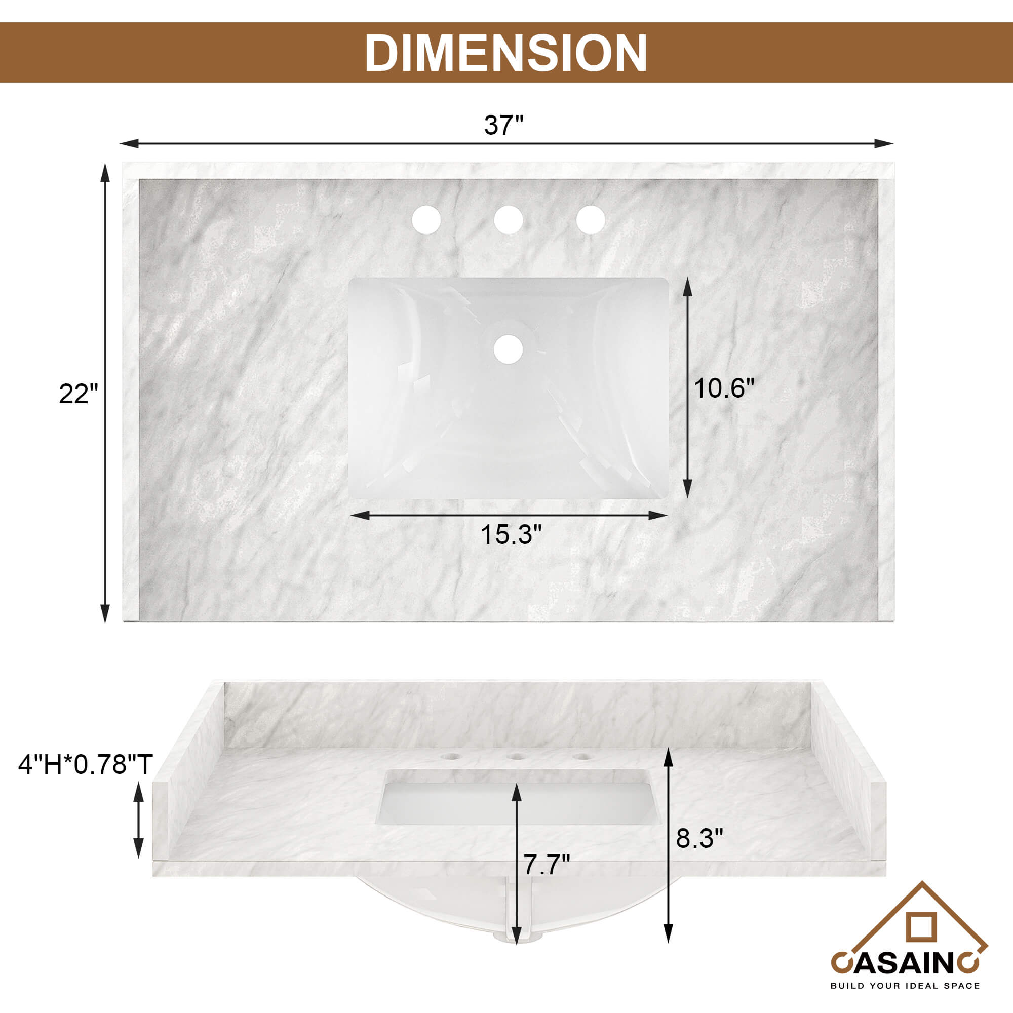 CASAINC 37" White Italian Carrara Natural Marble Single Sink Bathroom Vanity Top with Back & Side Splash