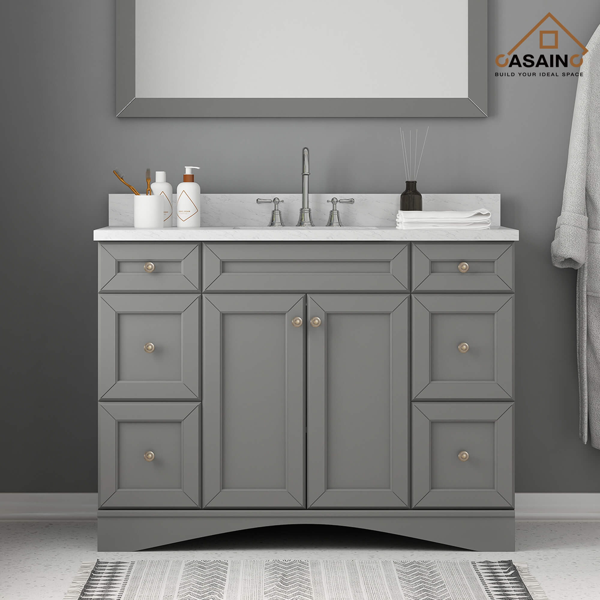 CASAINC 48 x 22 x 35.4 in. Solid Wood Bath Vanity with Marble Top and Backsplash in Gray/White (No/With Mirror)