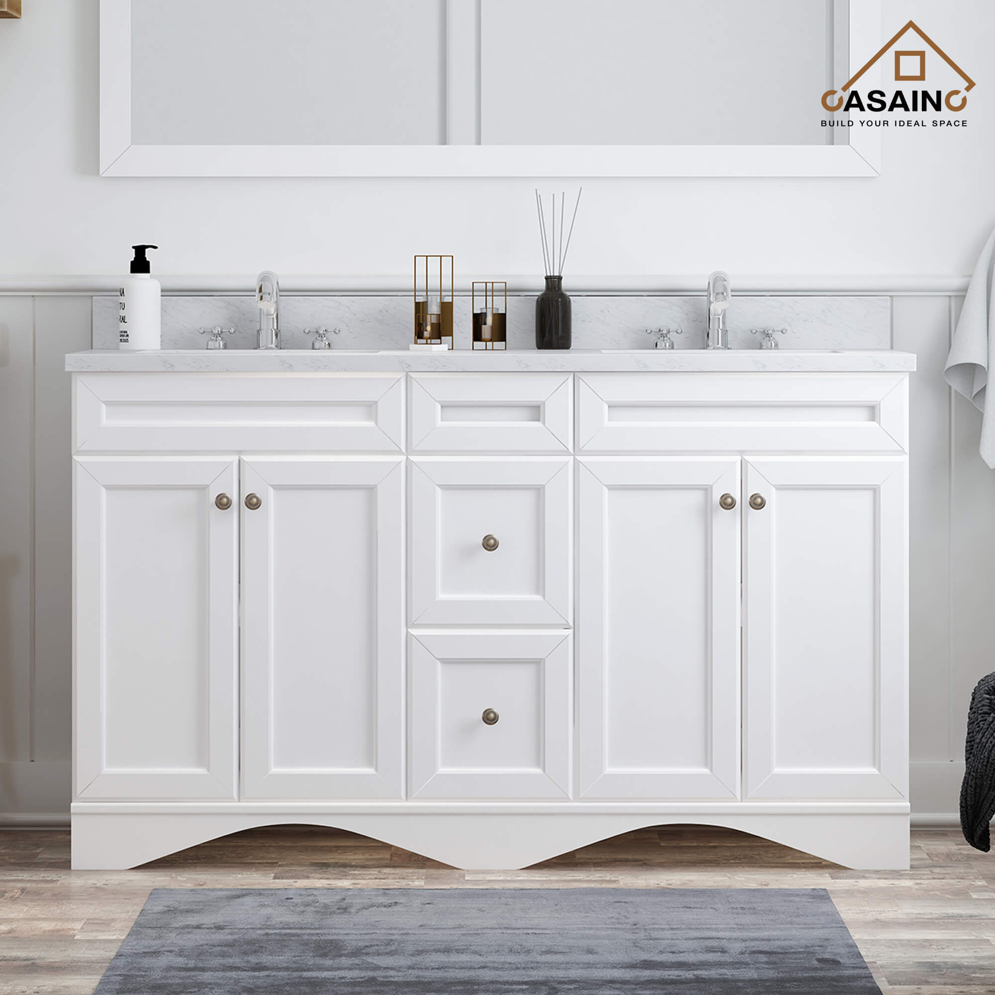 CASAINC 60 x 22 x 35.4 in. Solid Wood Bath Vanity with Marble Top and Backsplash in Gray/White (No/With Mirror)