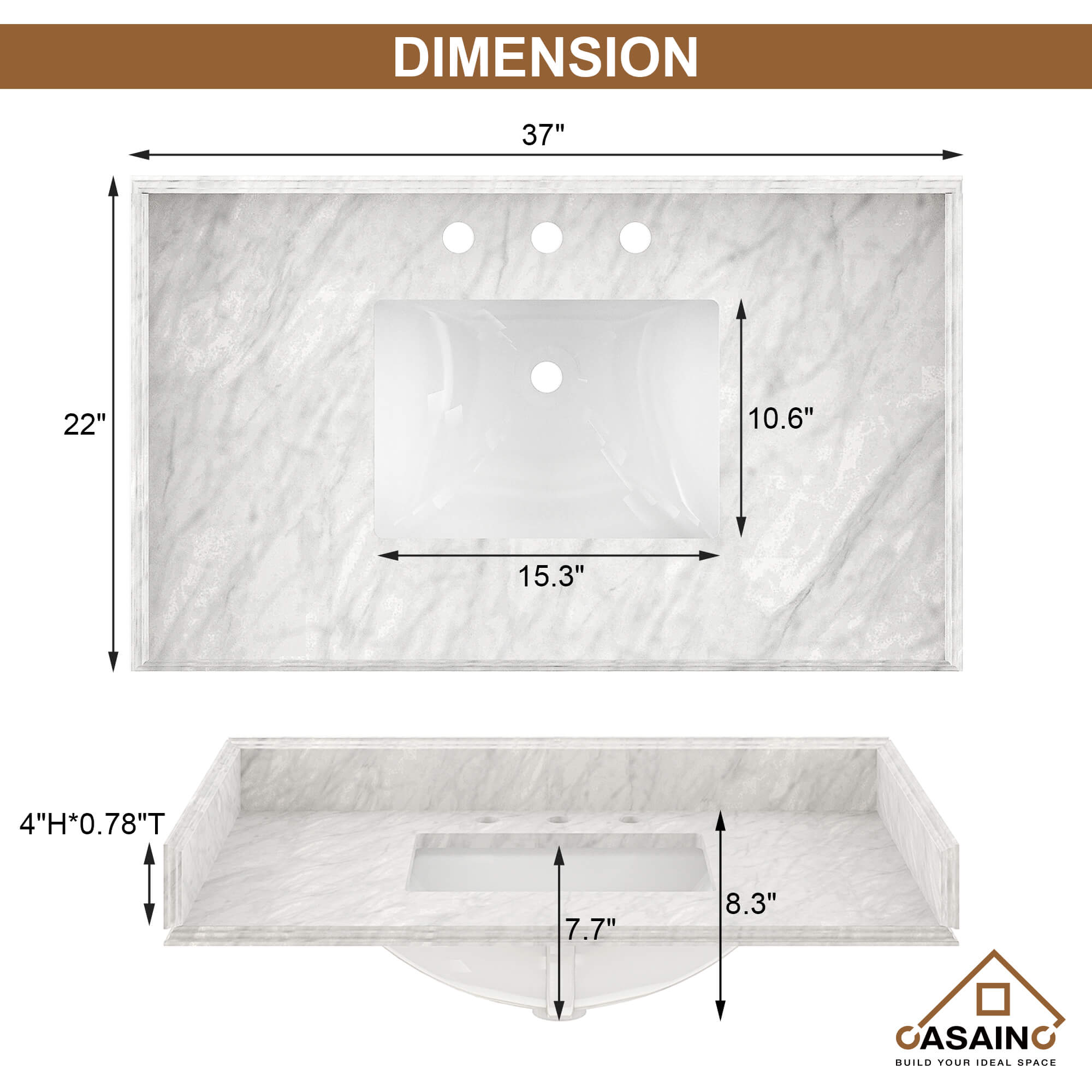 CASAINC 37" White Italian Carrara Natural Marble Single Sink Bathroom Vanity Top with Back & Side Splash