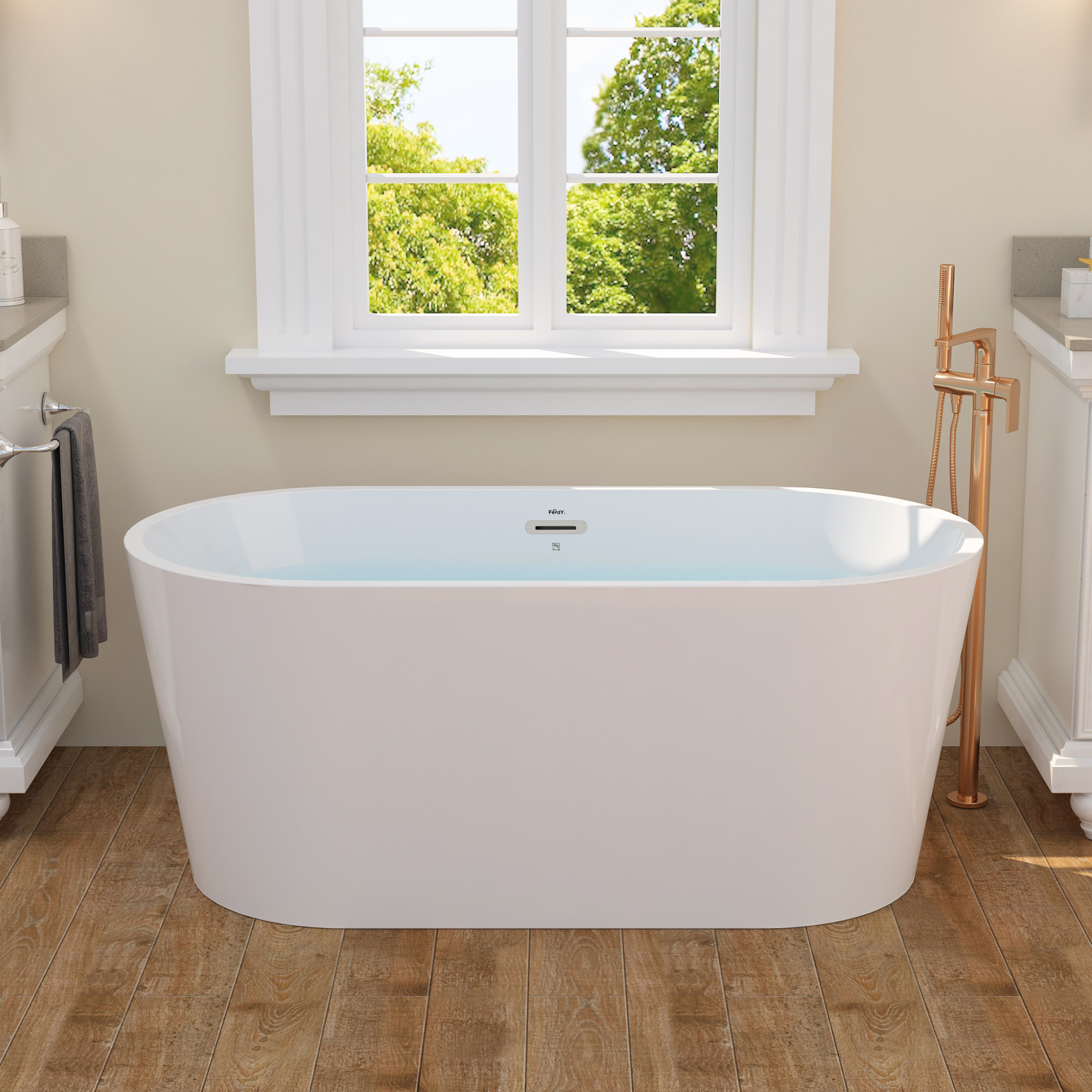 55 inch Acrylic Freestanding Bathtub, Small Classic Oval Shape Acrylic Soaking Bathtub with Brushed Nickel Drain & Minimalist Linear Design Overflow, Modern White-CASAINC
