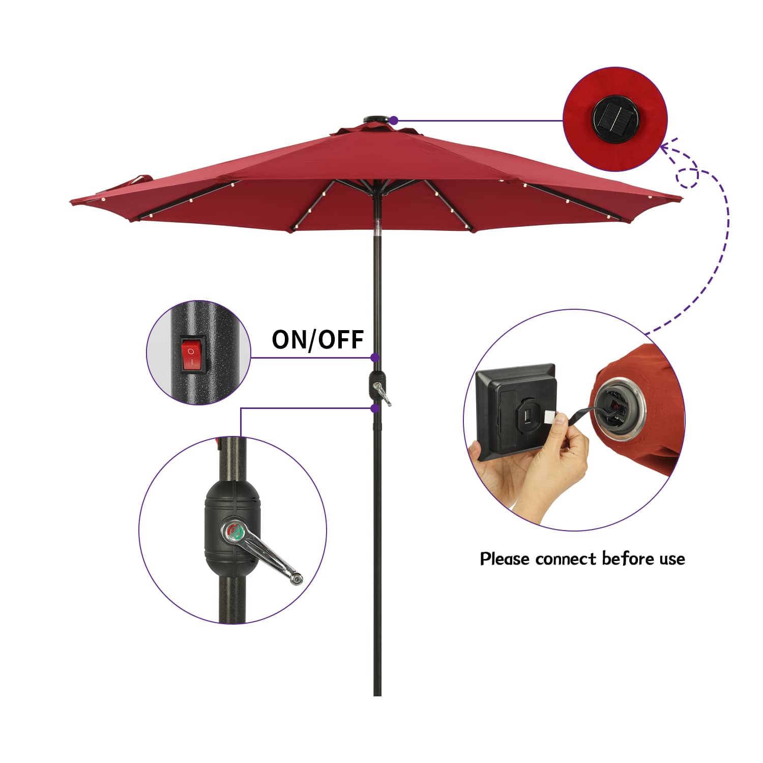 CASAINC 9Ft Patio Umbrella with 32 LED Solar Lights