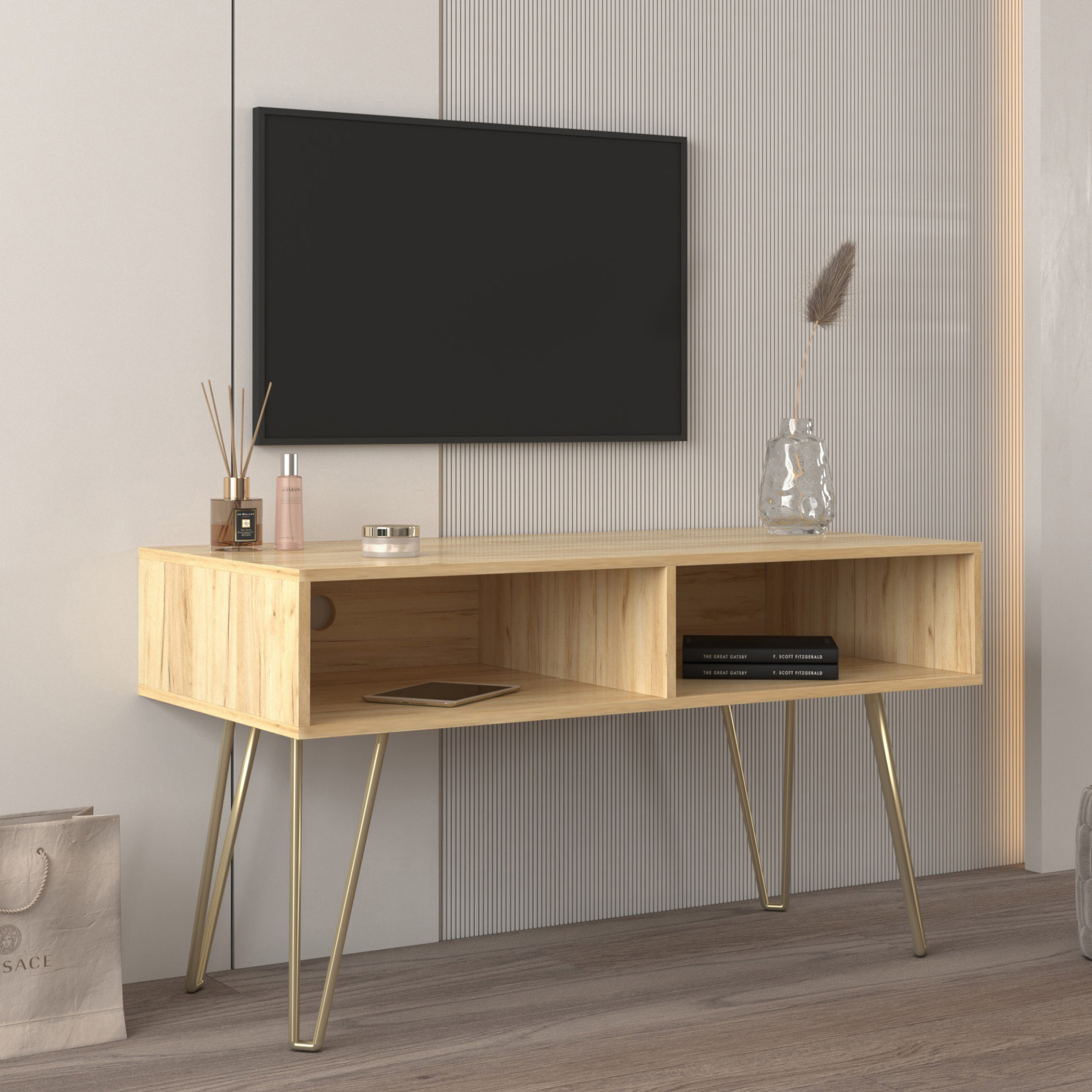 Modern Design TV stand stable Metal Legs  with 2 open shelves to put TV, DVD, router, books, and small ornaments,Fir Wood-CASAINC