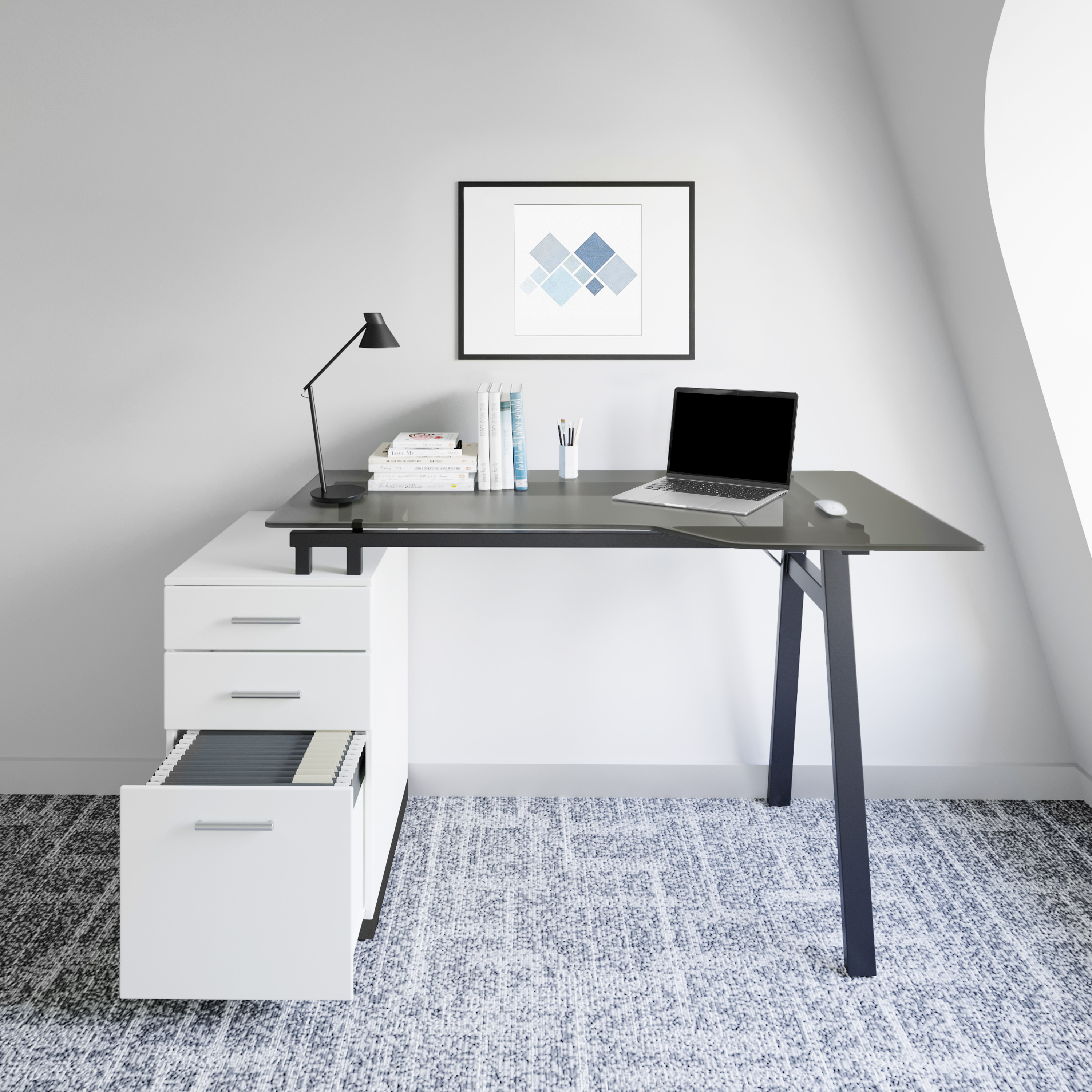 Techni Mobili Modern Home Office Computer Desk with smoke tempered glass top  storage - White-CASAINC