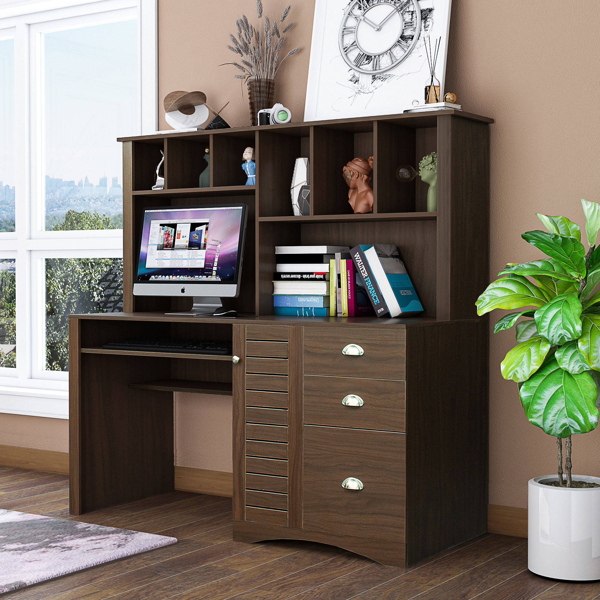 Home Office Computer Desk with Hutch,Walnut-CASAINC