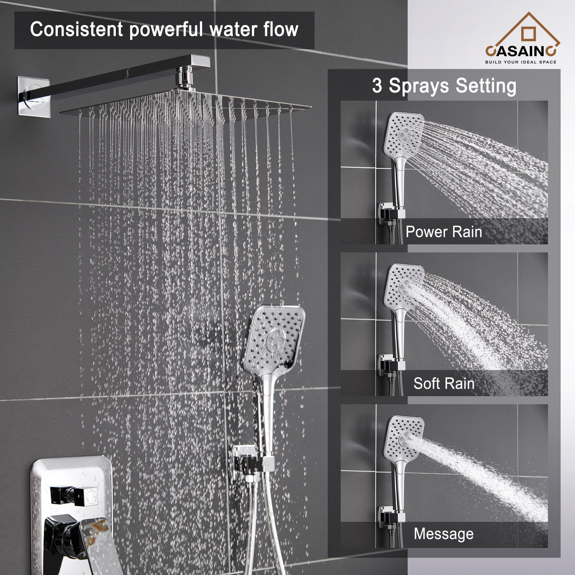 CASAINC 10 inch Square Wall-mounted rain shower faucet with pressure balanced valve
