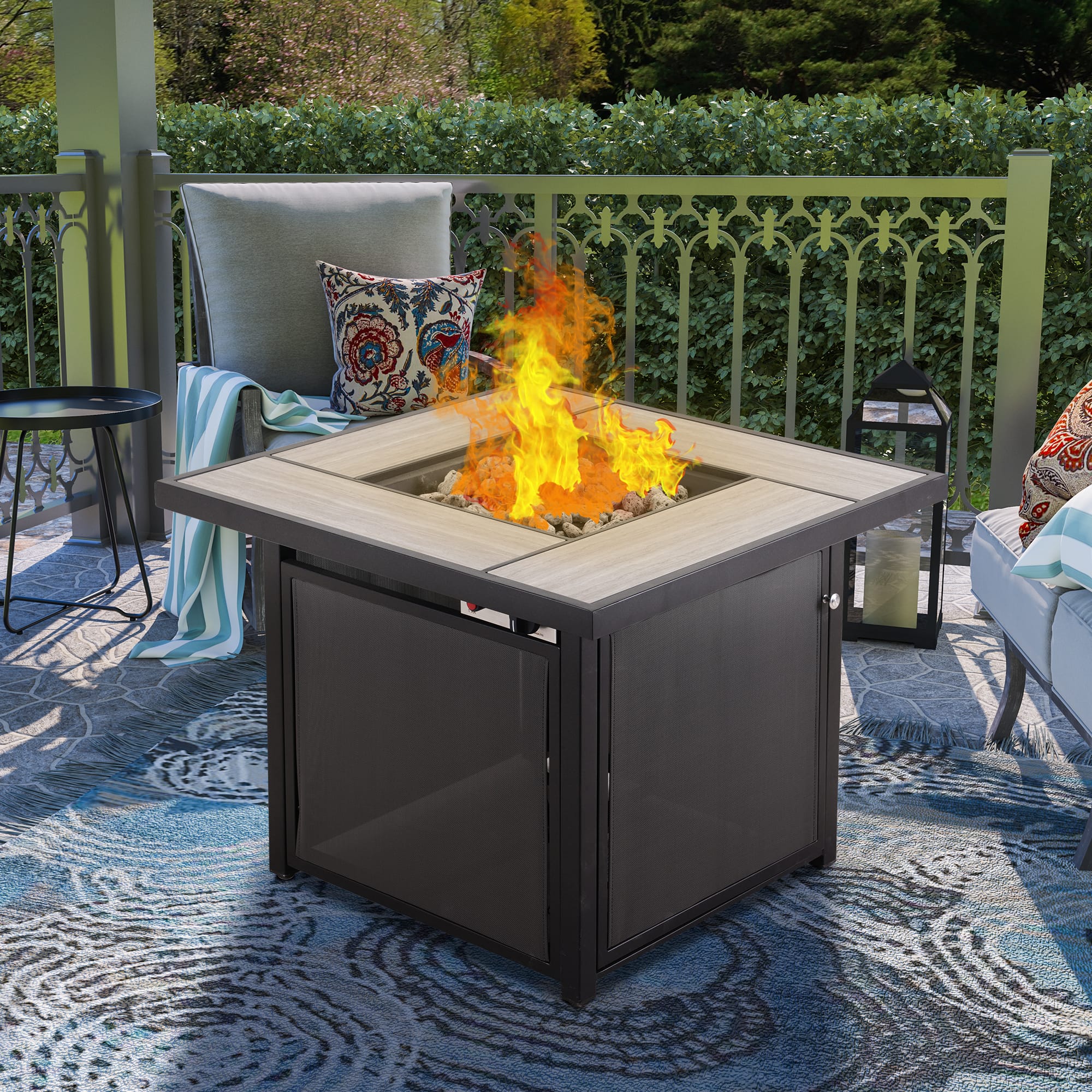 32 in. Full Iron Square with Gas Brazier Table and Table Lid