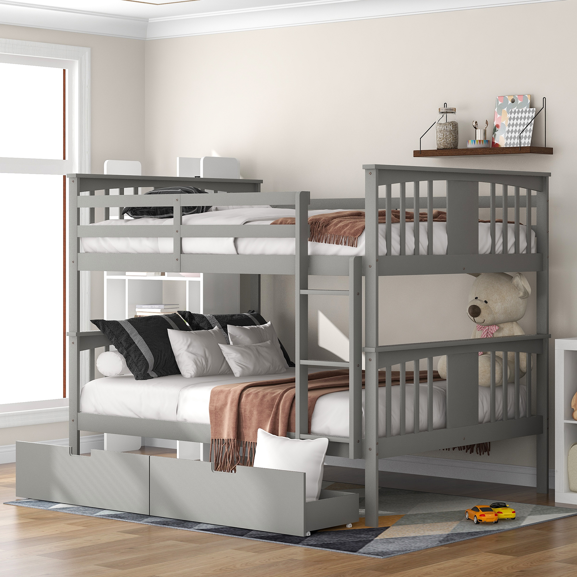 Full over Full Bunk Bed with Drawers and Ladder for Bedroom, Guest Room Furniture-Gray(OLD SKU :LP000205AAE)-CASAINC