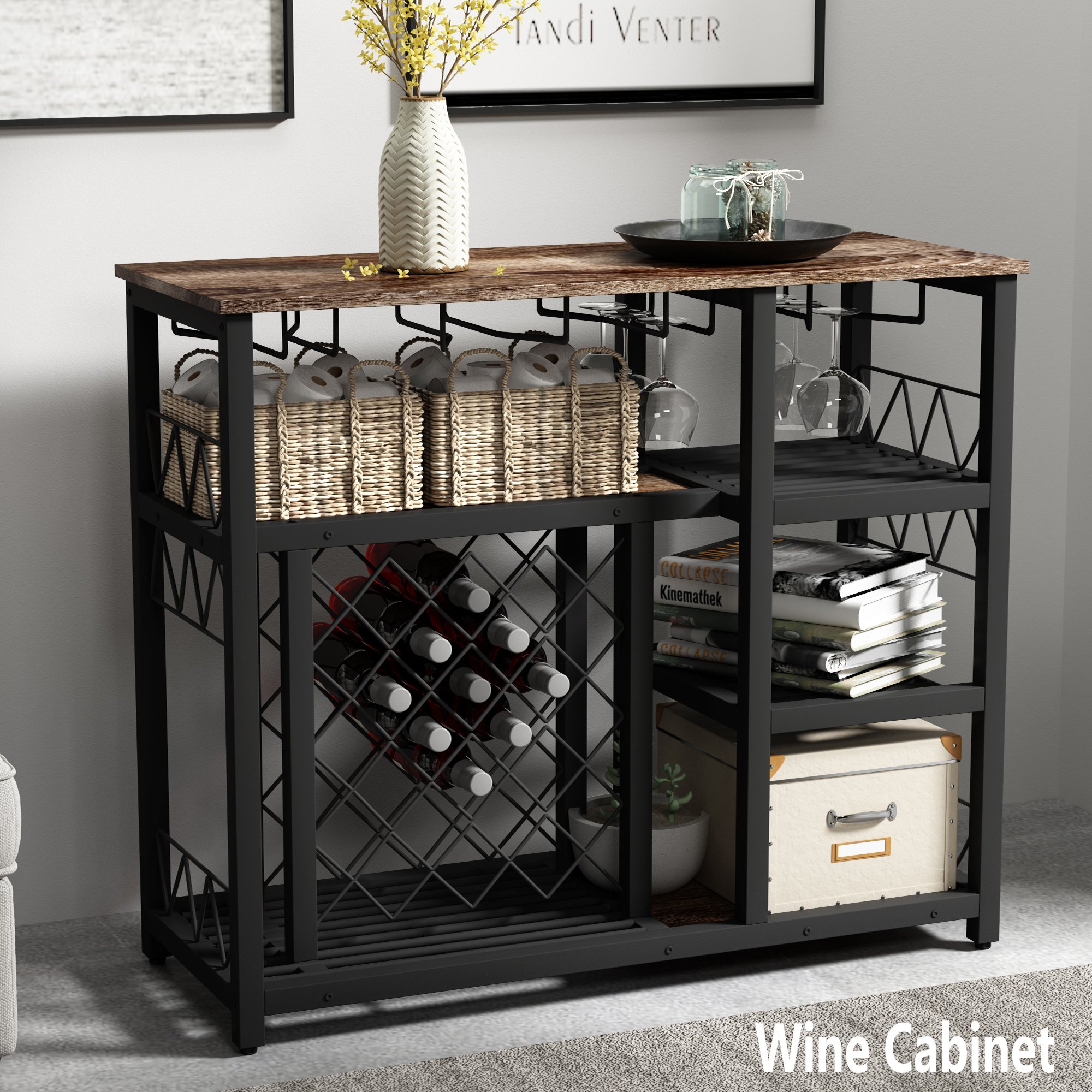 Modern Industrial Home Kitchen Dining Room Metal Wine Rack Table with Glass Holder, Freestanding Wine Bar Cabinet Console Table Buffet Table with 21 Bottles for Small Places, Brown Finish-CASAINC