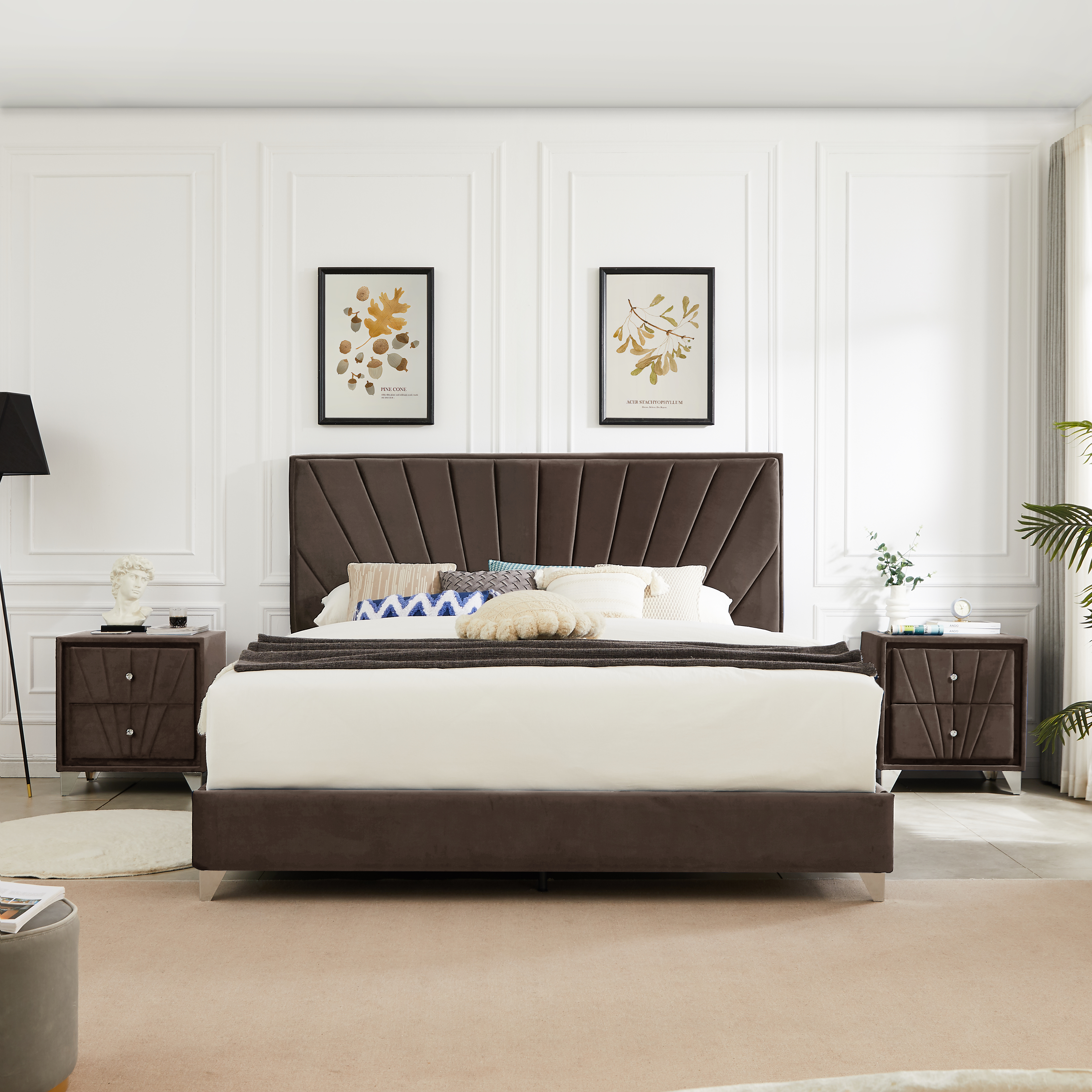 B108 Beautiful line stripe cushion headboard King bed, strong wooden slats + metal support feet, Brown Flannelette-CASAINC