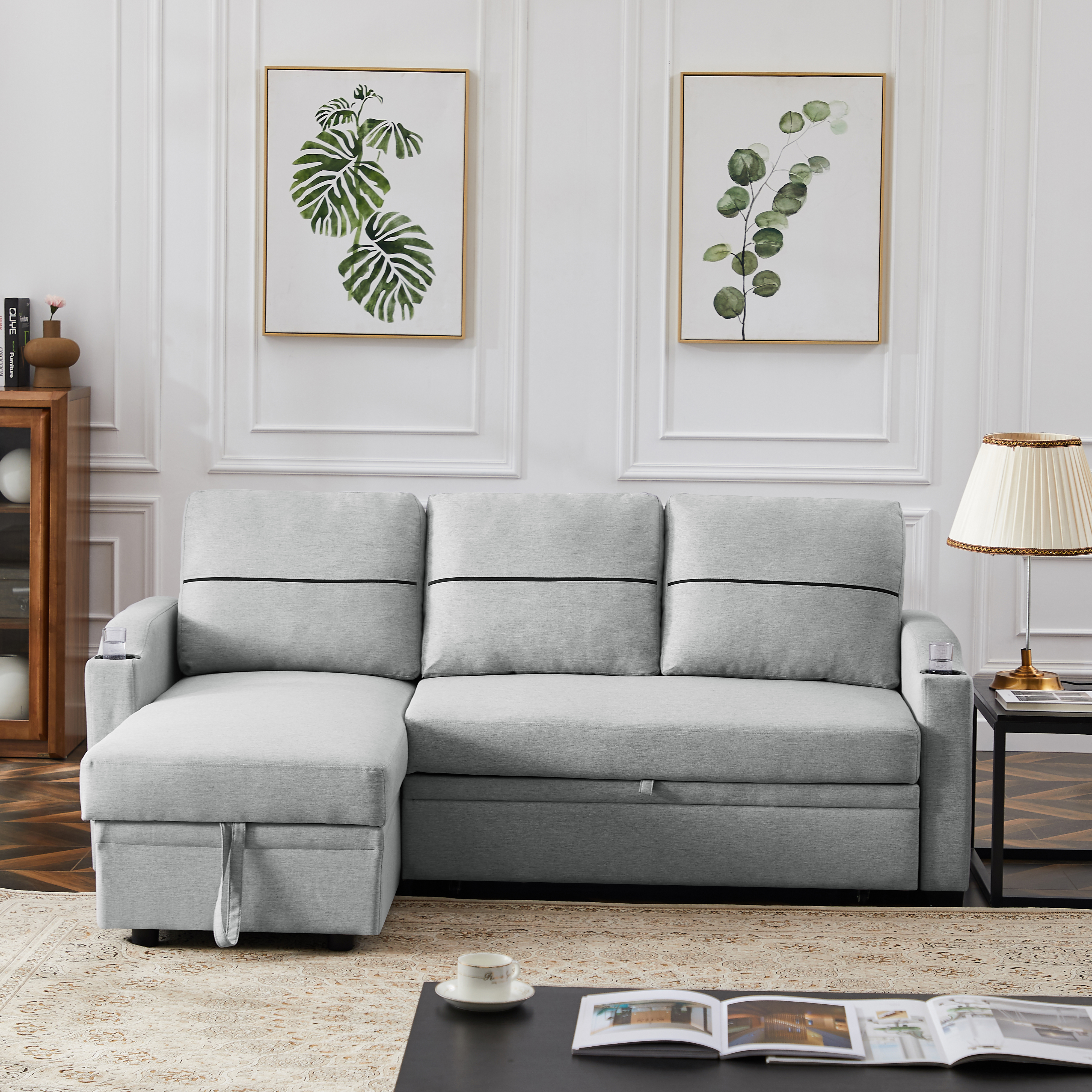 9191 Light gray pull-out storage sofa-CASAINC