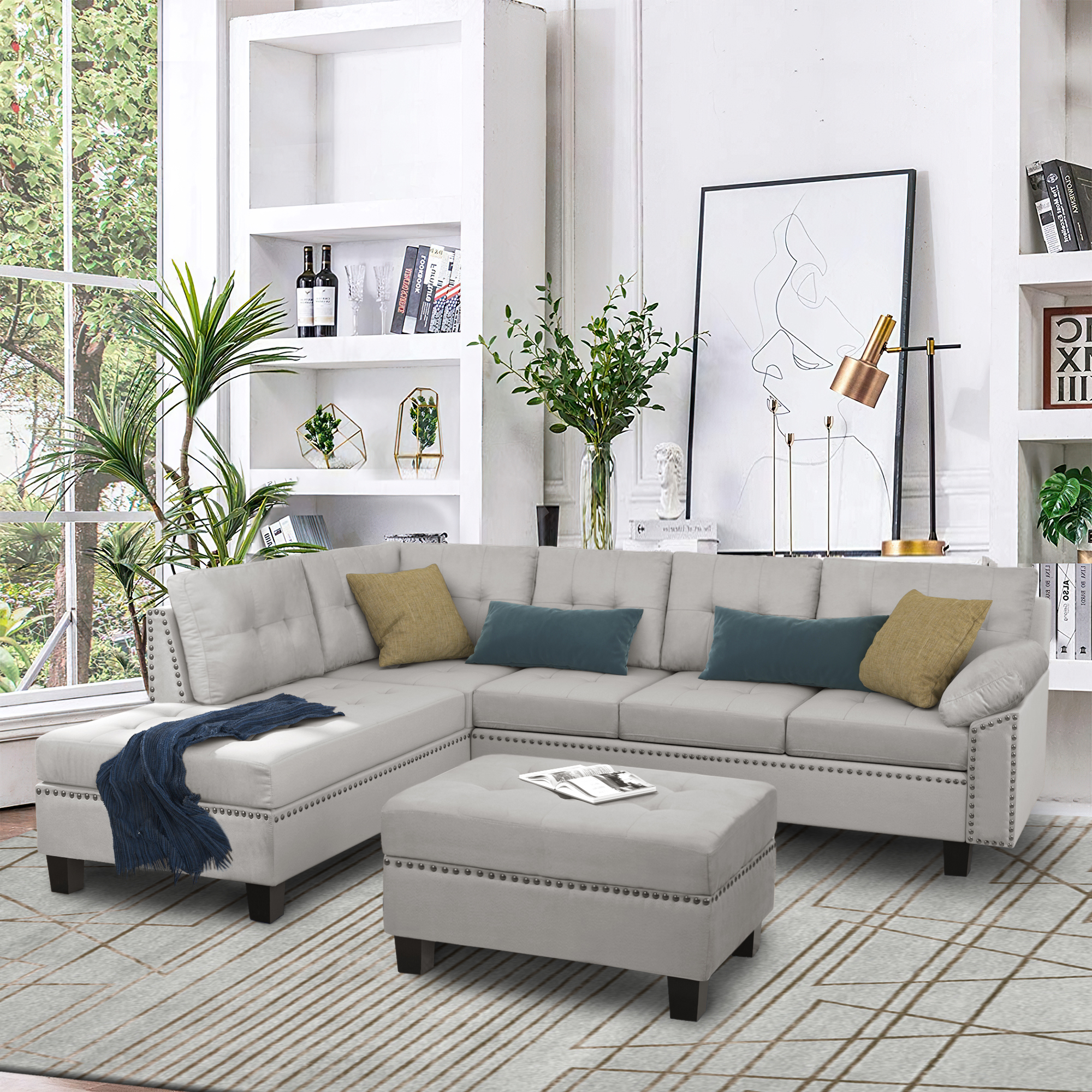 TREXM Sectional Sofa Set with Chaise Lounge and Storage Ottoman Nail Head Detail (Grey)-CASAINC