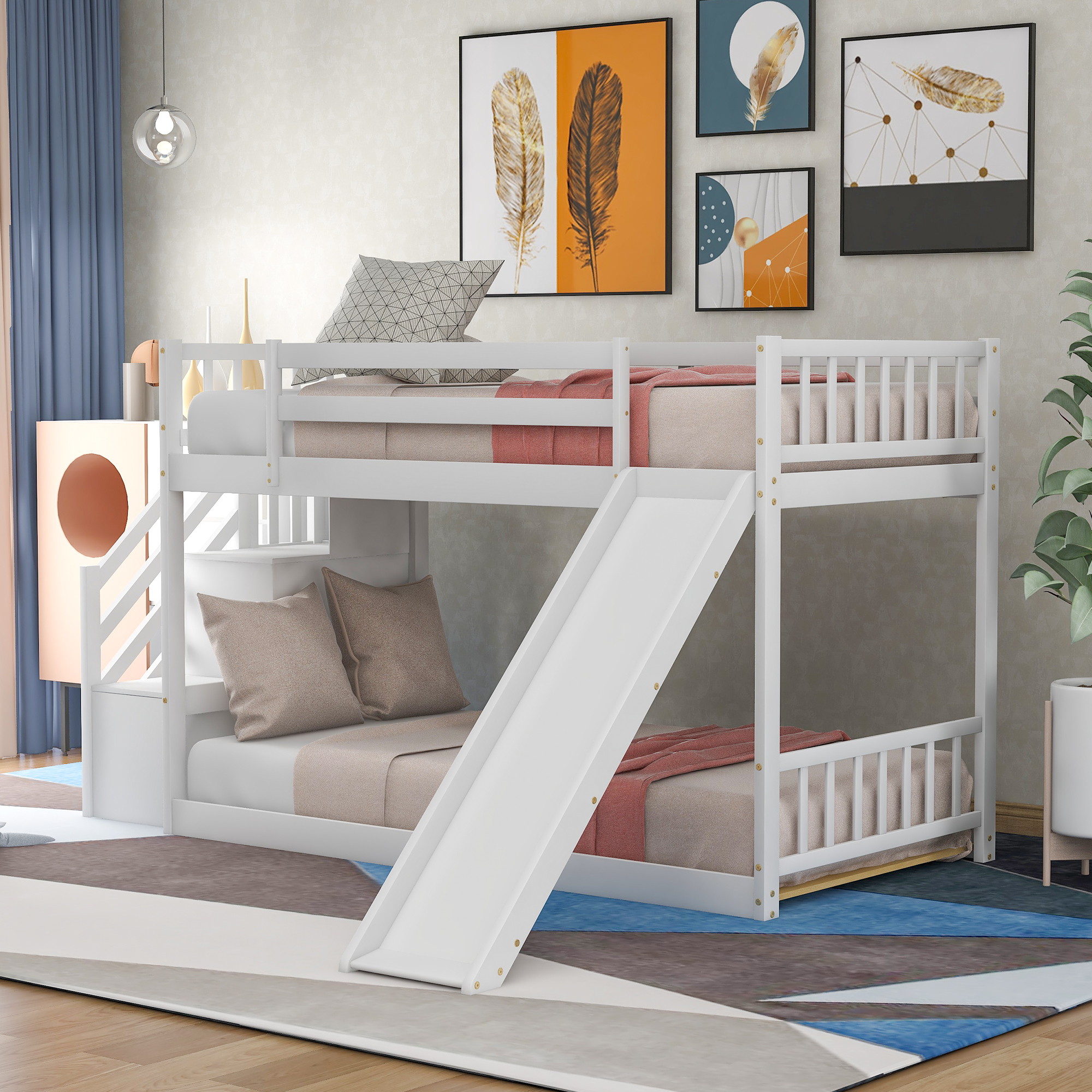 Twin over Twin Bunk Bed with Convertible Slide and Stairway, White(Expected Arrival Time:3.5)-CASAINC