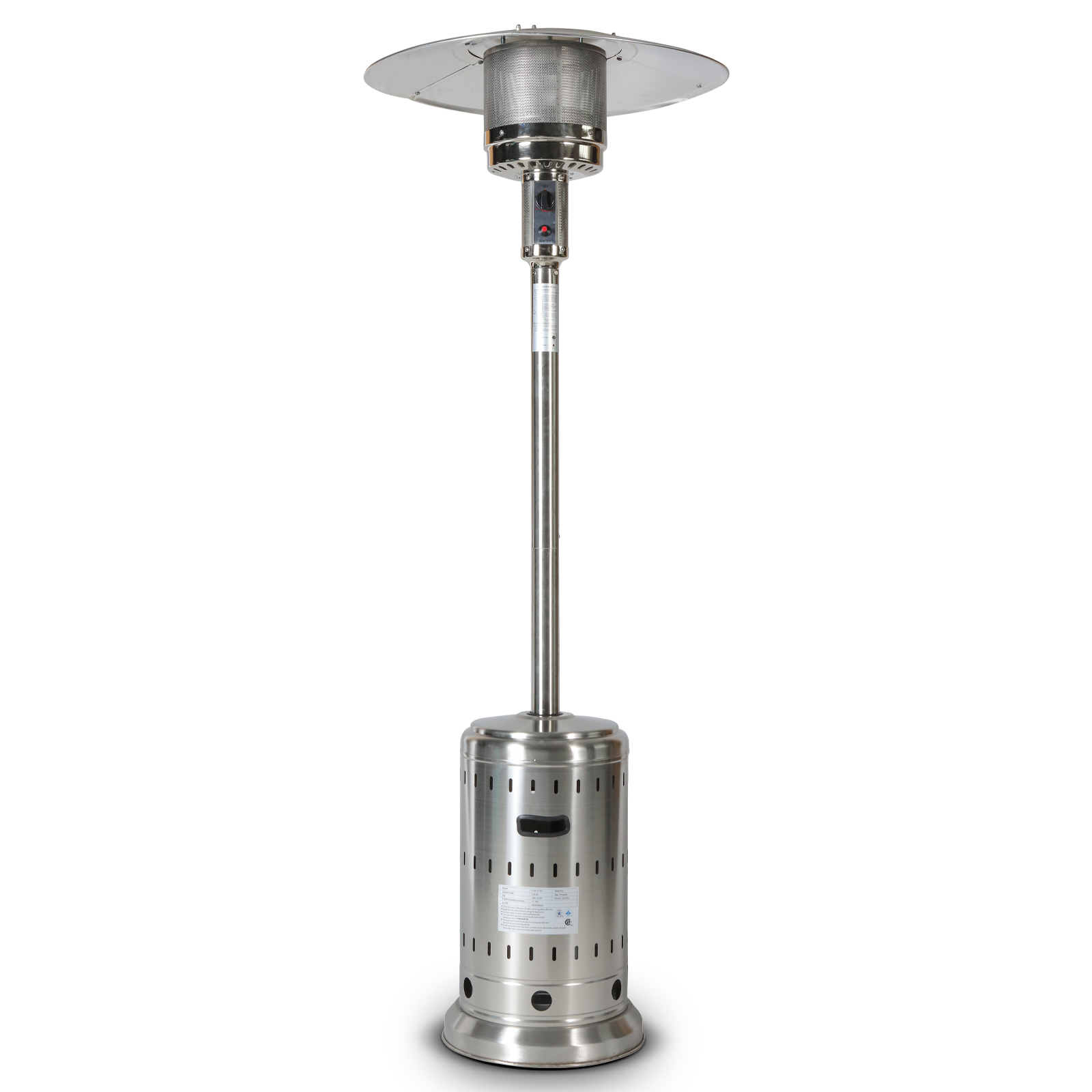 46000BTU Propane Stainless Steel Mushroom Outdoor Patio Heater with Hollow Pattern on Tank housing, with Two Smooth-rolling Wheels,with Hose Set,with Black Cover,Pole in Two Pieces(Upper and Bottom)-CASAINC