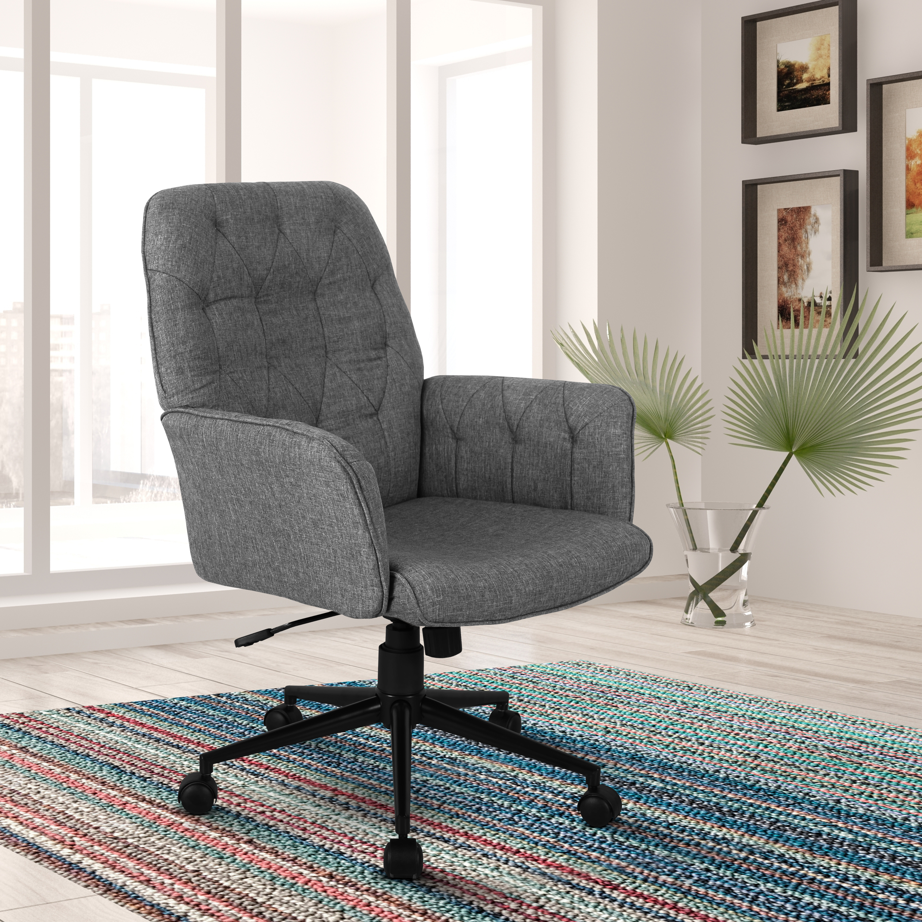 Techni Mobili Modern Upholstered Tufted Office Chair with Arms, Grey-CASAINC