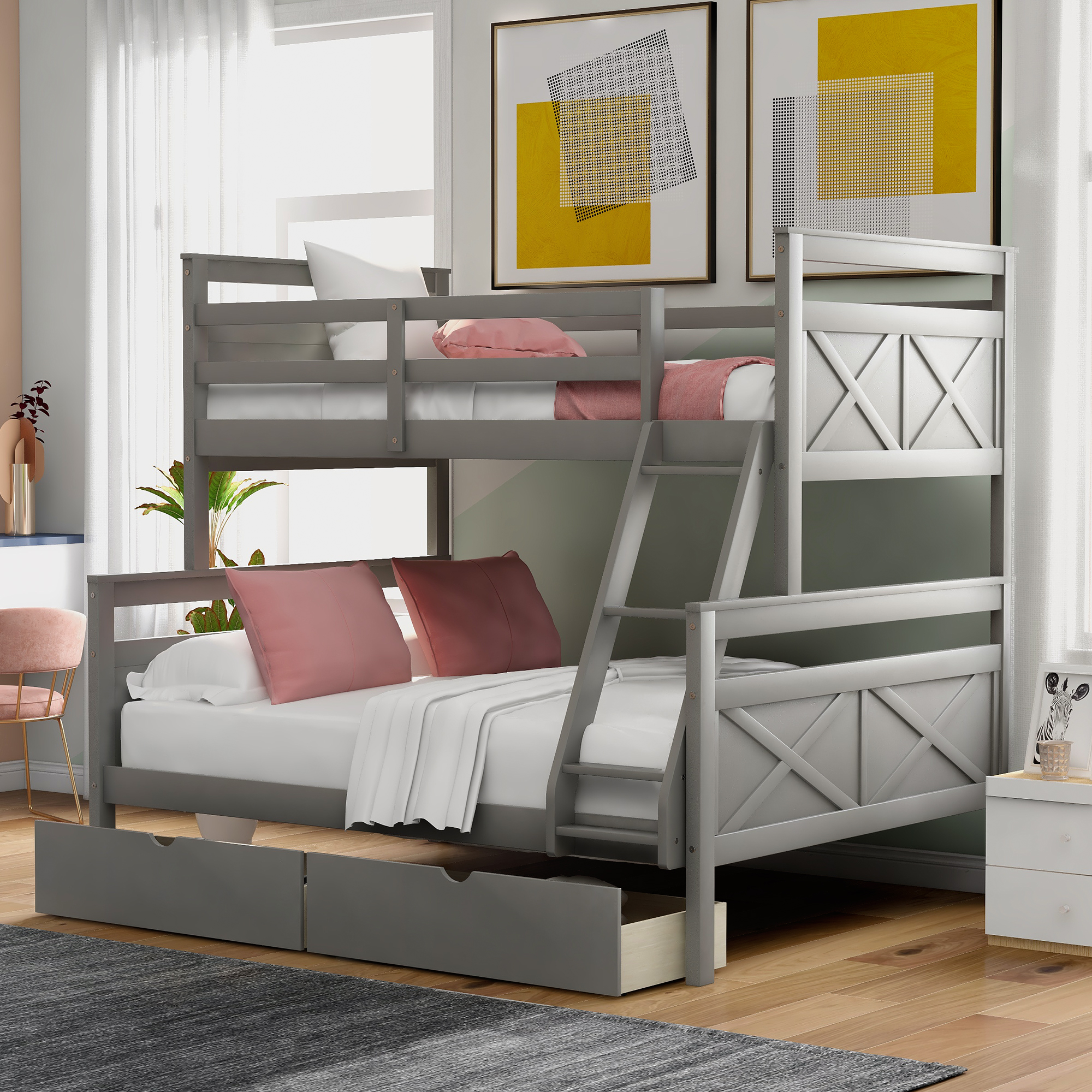 Twin over Full Bunk Bed with Ladder, Two Storage Drawers, Safety Guardrail, Gray-CASAINC