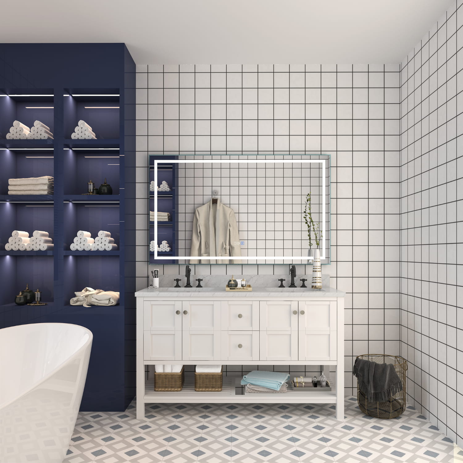 CASAINC Wall Mounted Modern LED Bathroom Mirror, Dimmable and Anti-Fog (60-in L × 36-in W)-CASAINC