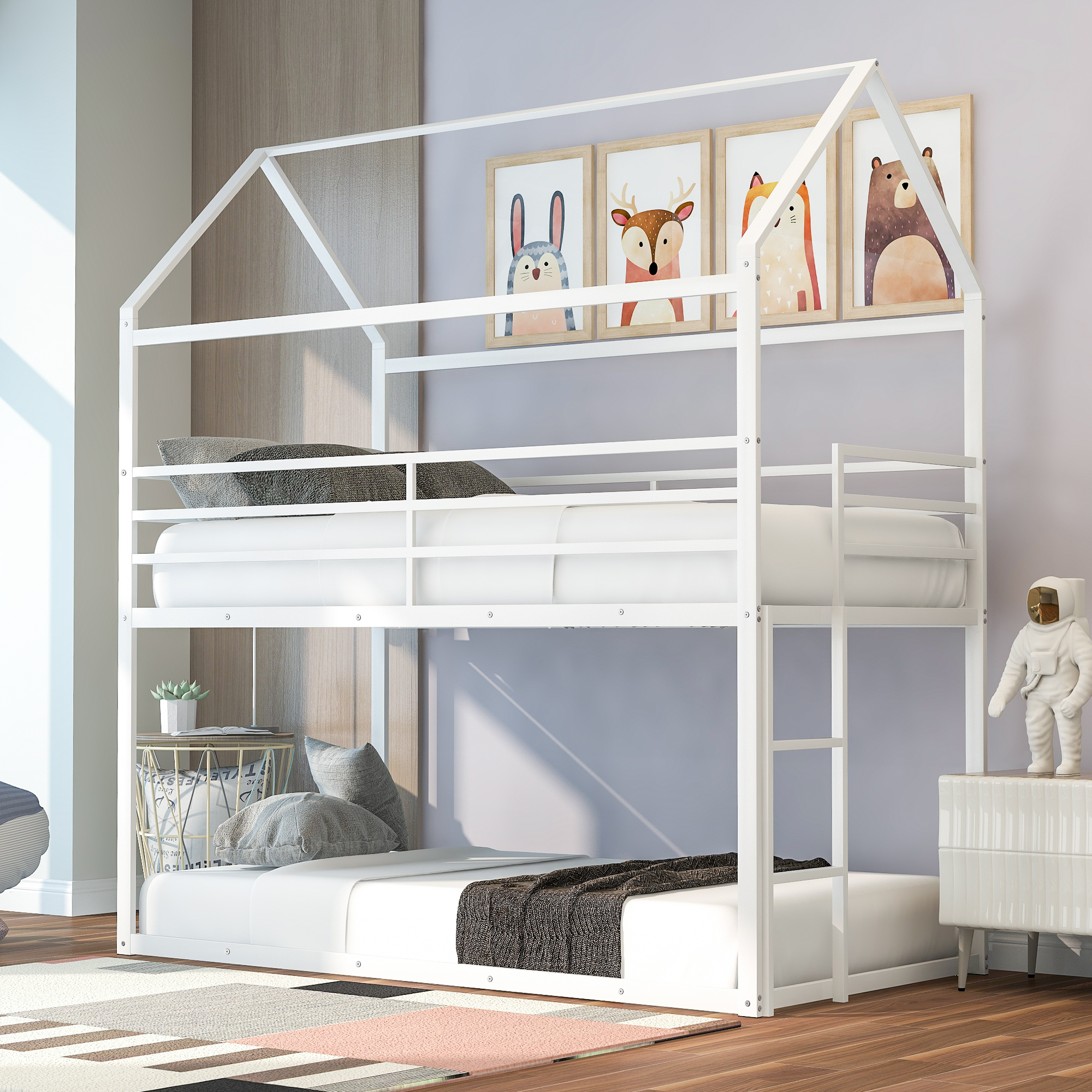 Bunk Beds for Kids Twin over Twin,House Bunk Bed Metal Bed Frame Built-in Ladder White