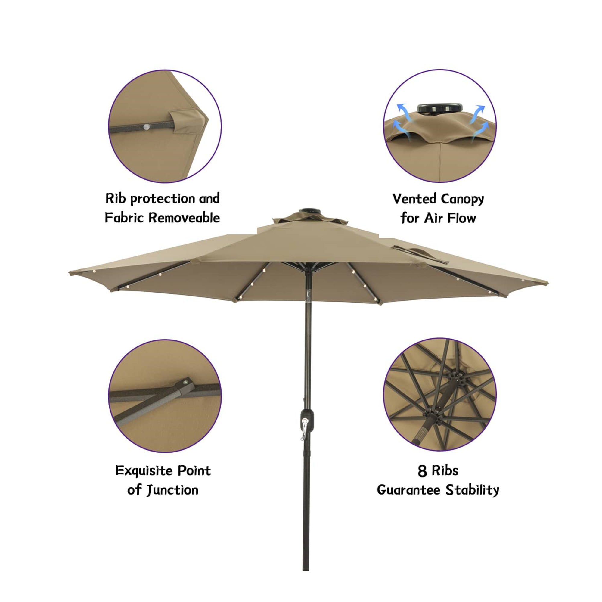 CASAINC 9Ft Patio Umbrella with 32 LED Solar Lights