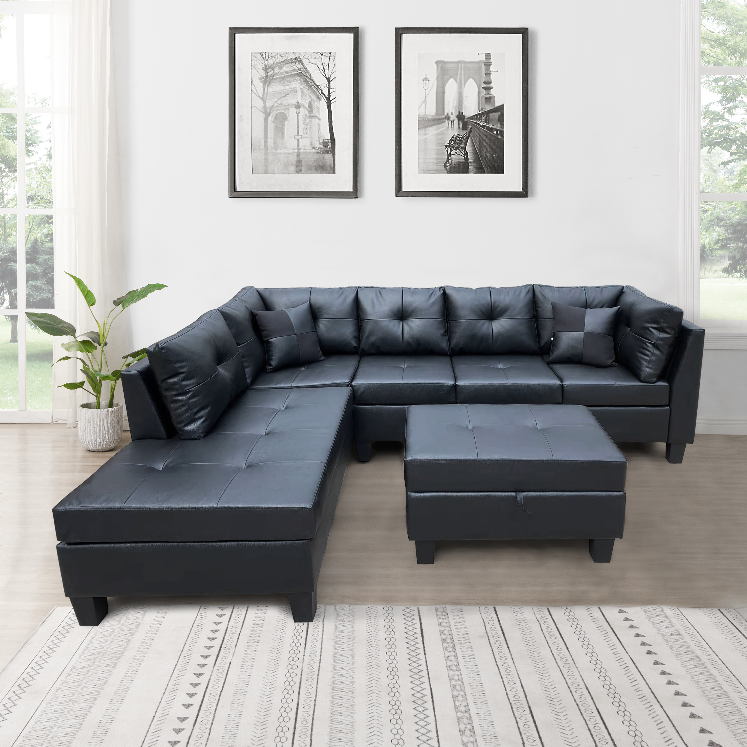 3-Piece sofa with 1 x 3-seat sofa, 1 x Left chaise lounge, 1 x storage ottoman, 7 x back cushions，2 x throw pillows (FAUX LEATHER-BLACK)-CASAINC