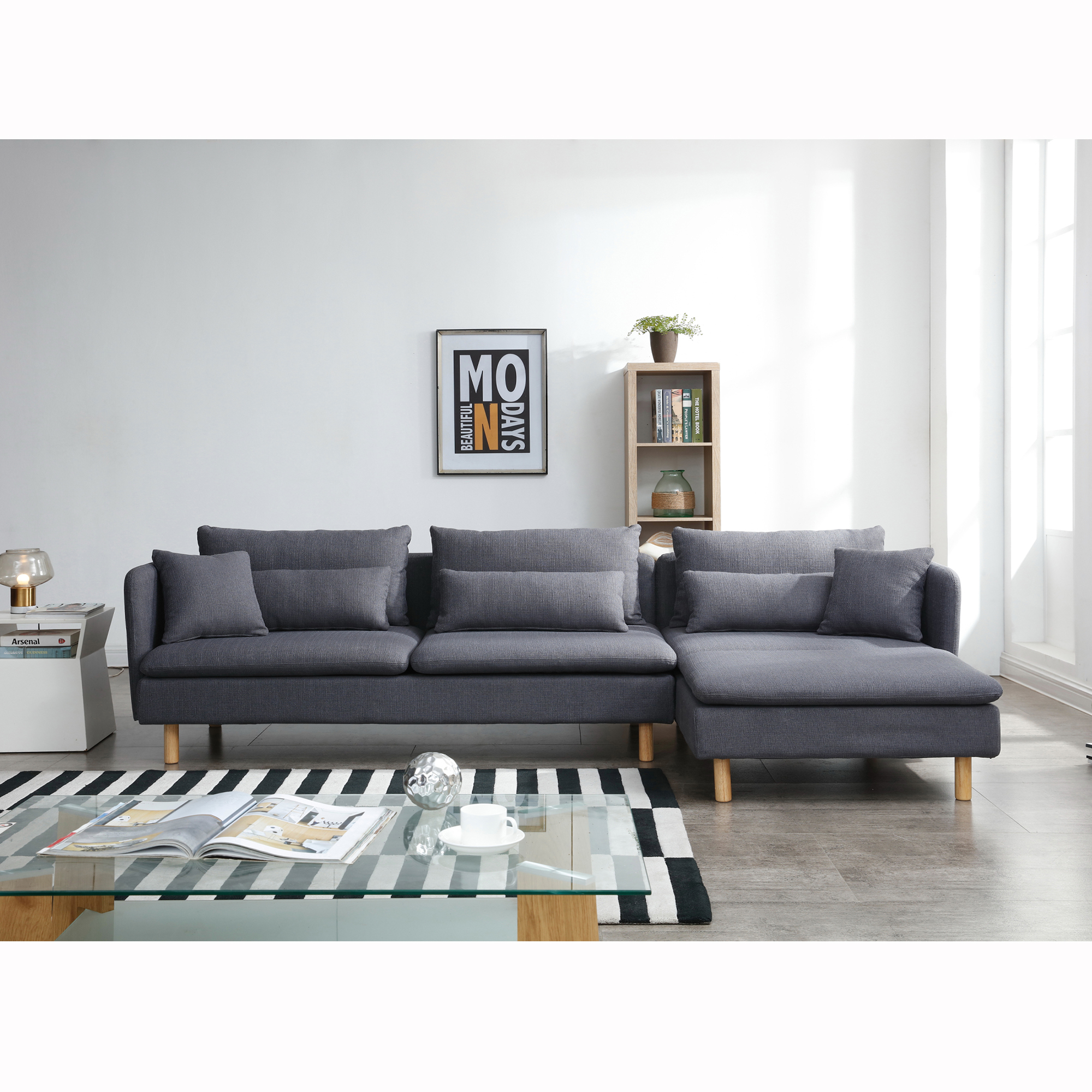 Modern Living Room Sectional Sofa Couch Convertible L Shape Chaise Sofa with Removable Cushions Grey Fabric-CASAINC