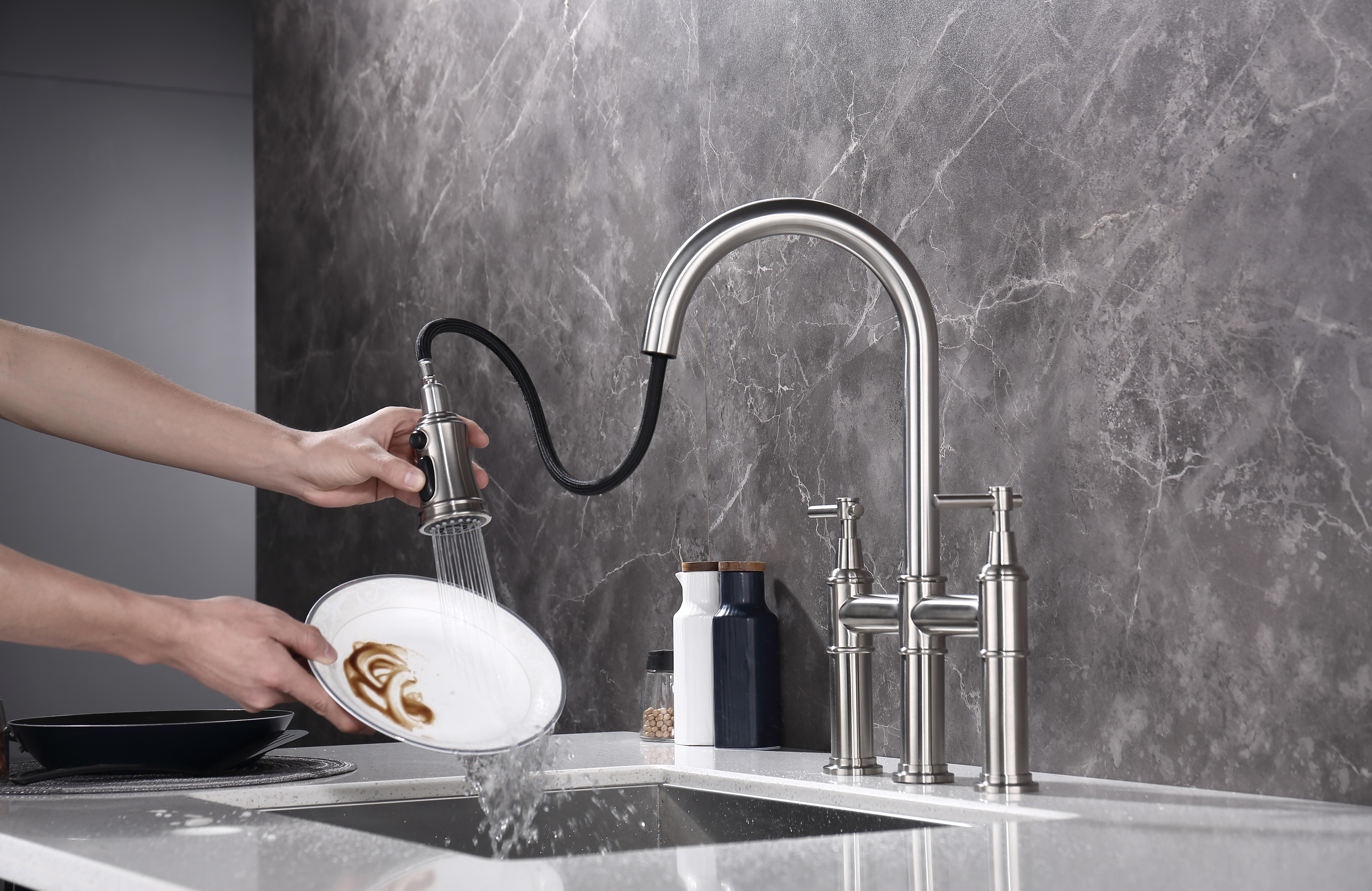 Bridge Kitchen Faucet with Pull-Down Sprayhead in Spot