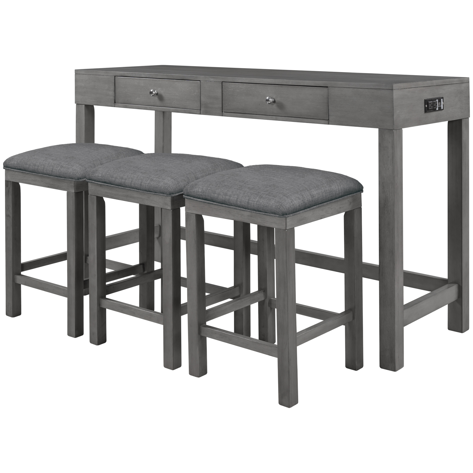  4-Piece Counter Height Table Set with Socket and Fabric Padded Stools, Gray-CASAINC