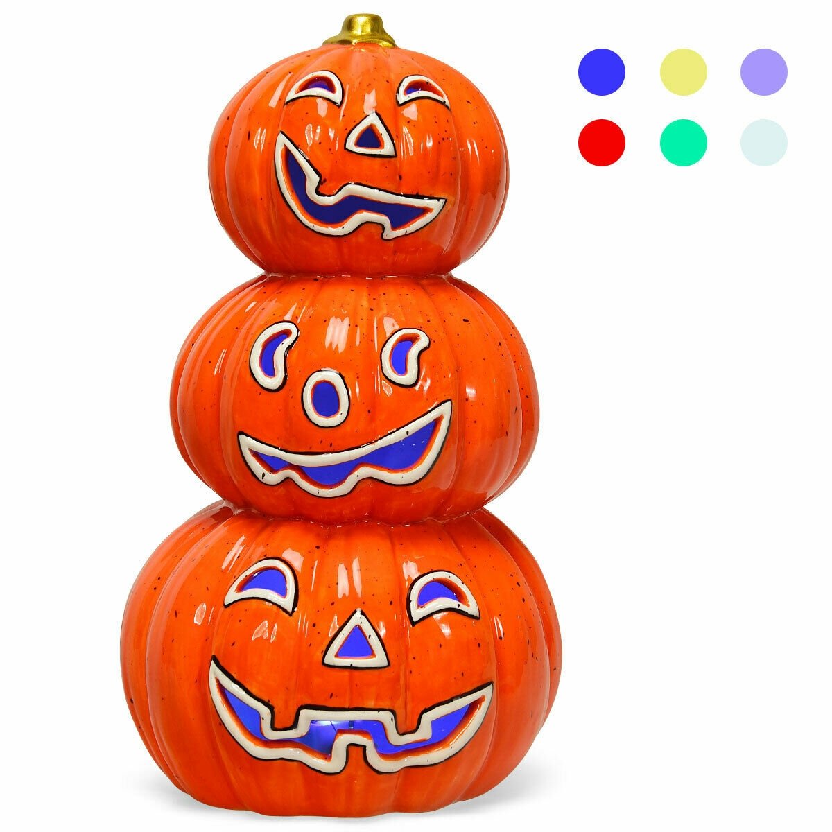 Halloween 3-Tier Color-Changing Lighted Ceramic Pumpkin Lantern-CASAINC