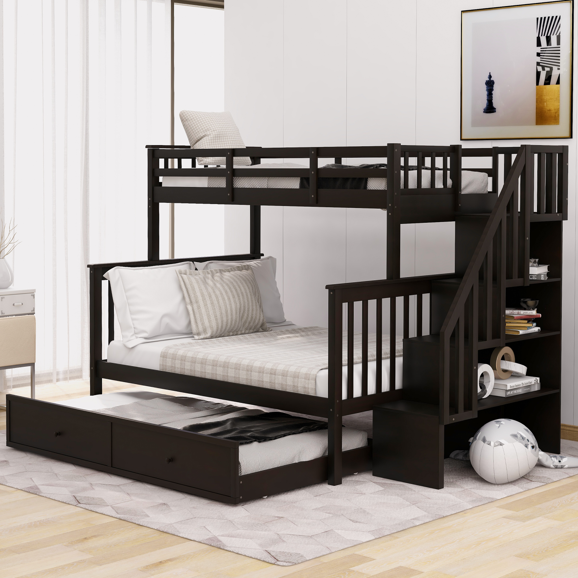 Stairway Twin-Over-Full Bunk Bed with Twin size Trundle, Storage and Guard Rail for Bedroom, Dorm, for  Adults, Espresso (OLD SKU :LP000119AAP)-CASAINC