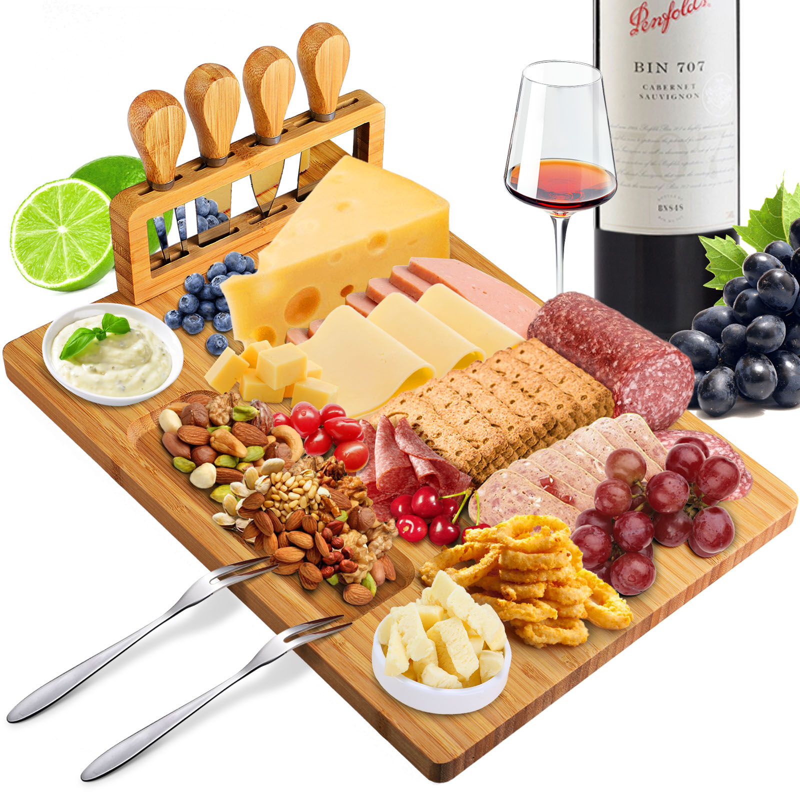 7 Piece Bamboo Cheese Board Set With Knives-CASAINC