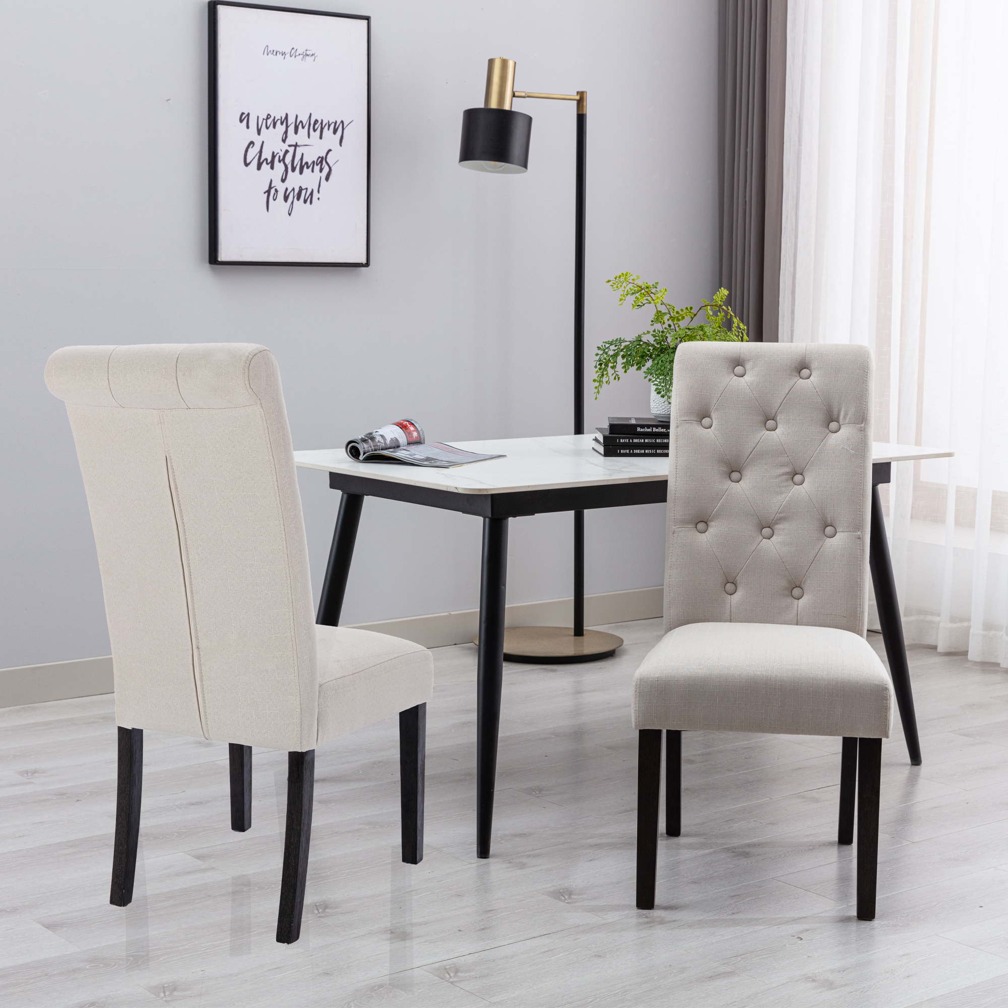 Heng Ming Modern Elegant Button-Tufted Upholstered Fabric  Dining Chair , 2-Pcs Set, Light Beige-CASAINC