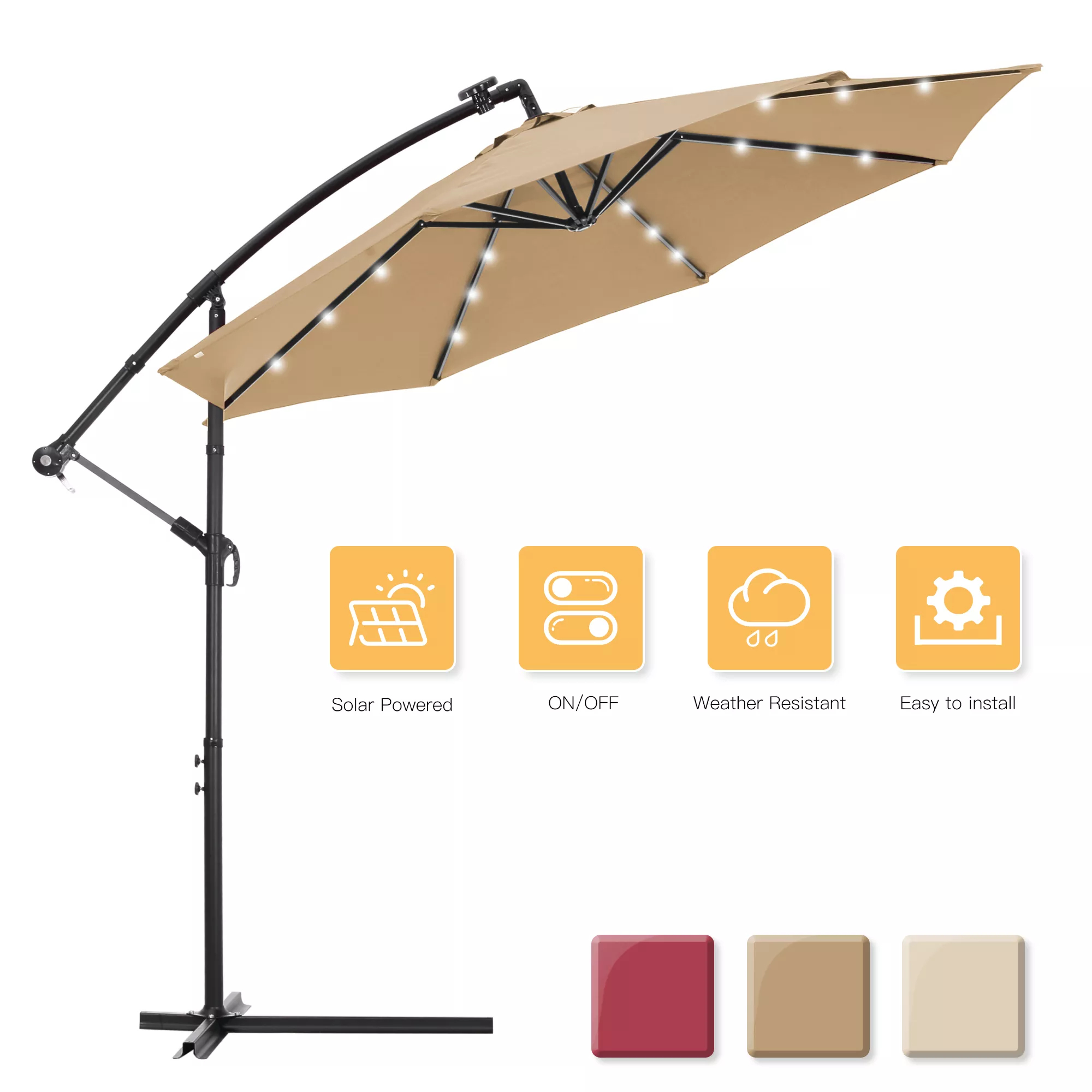 Casainc 10 FT Solar LED Patio Outdoor Umbrella Hanging Cantilever Umbrella Offset Umbrella Easy Open Adustment with 24 LED Lights
