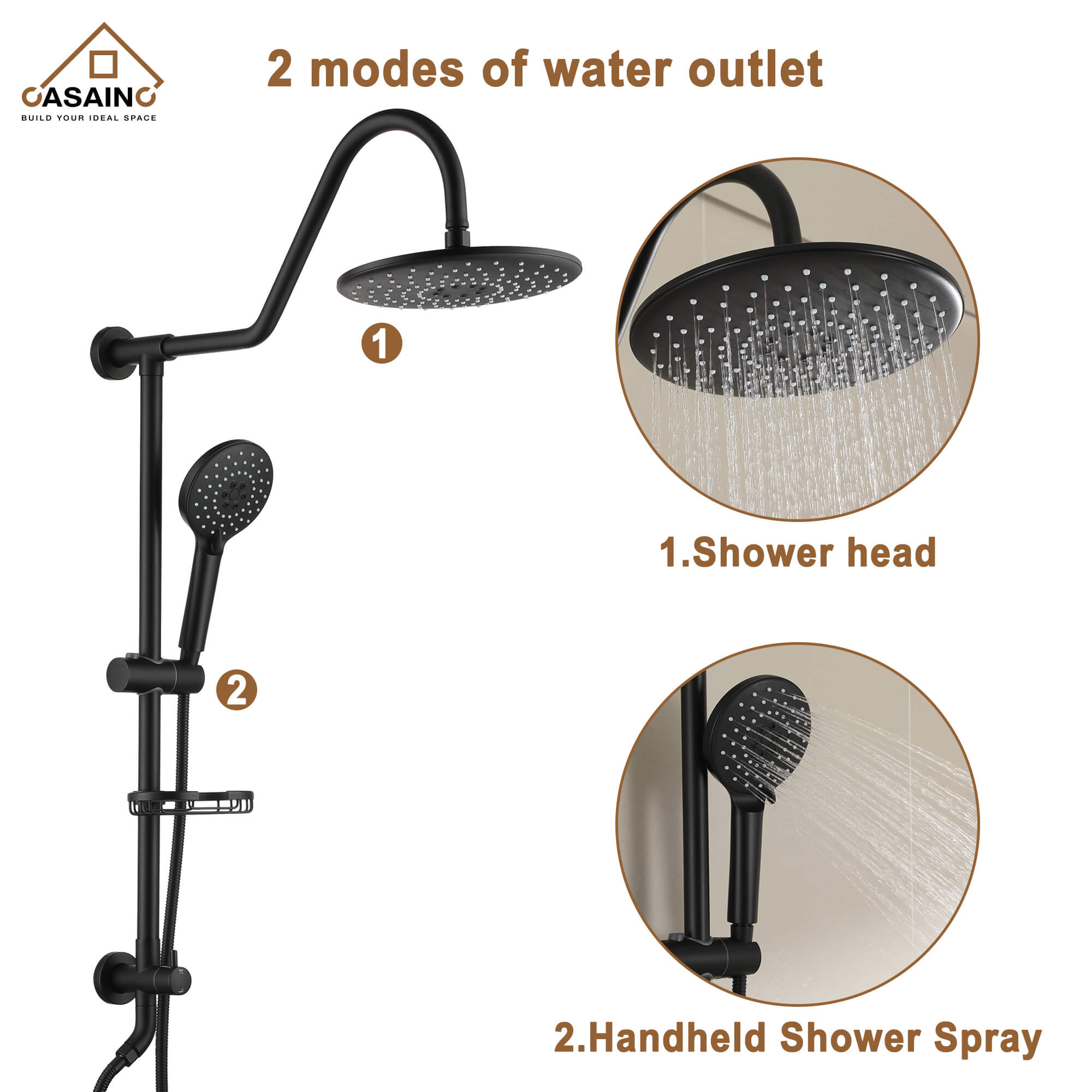 Casainc Matte Black Dual Shower Heads System with 3 Spray Patterns Hand Shower