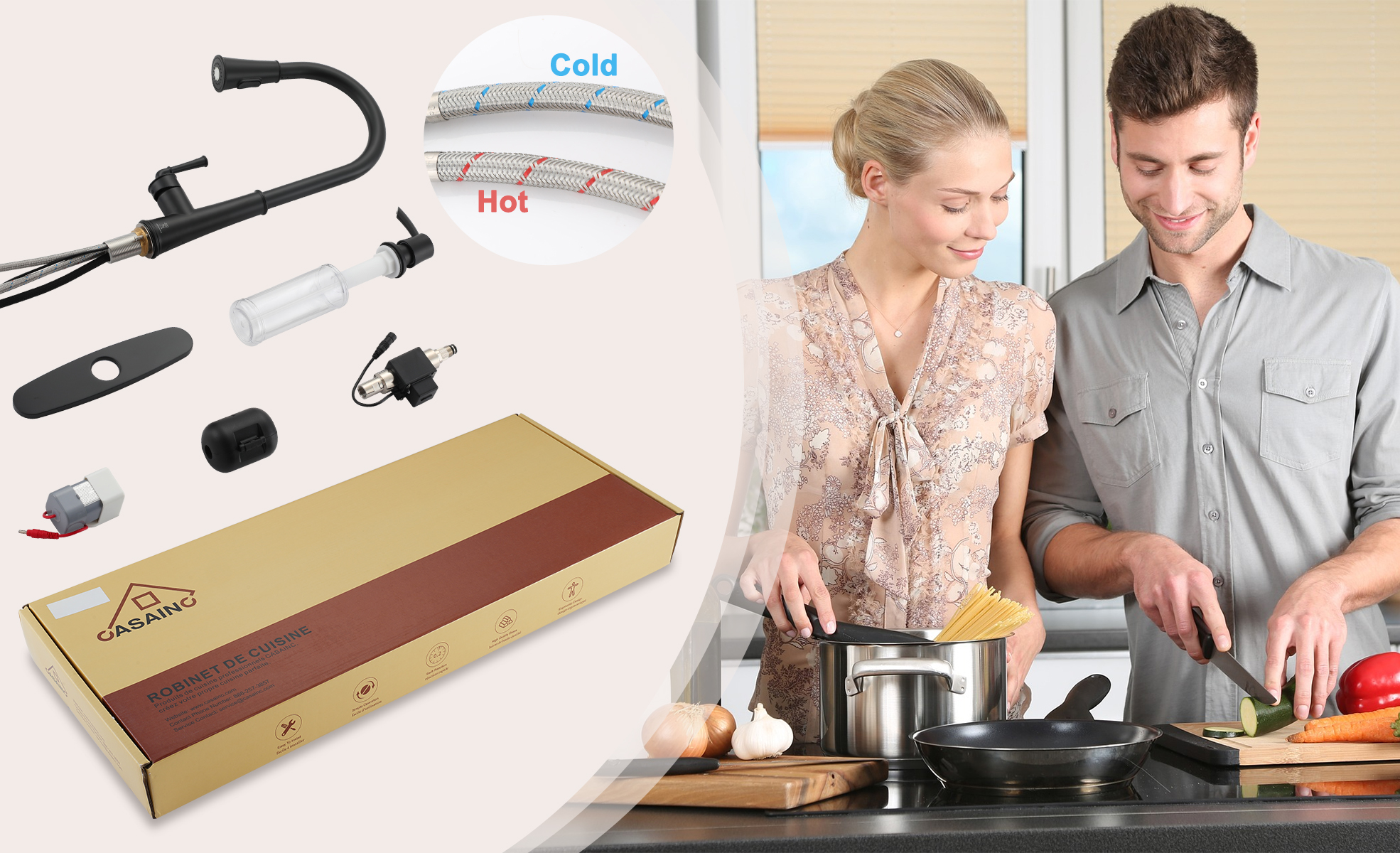 CASAINC 1.8gpm Infrared Induction Touchless Pull Down Single Handle Kitchen Faucet With LED Function, Soap Dispenser Included