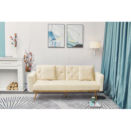 Beige Folding Living Room Sofa Bed with Midfoot Including Two Pillows