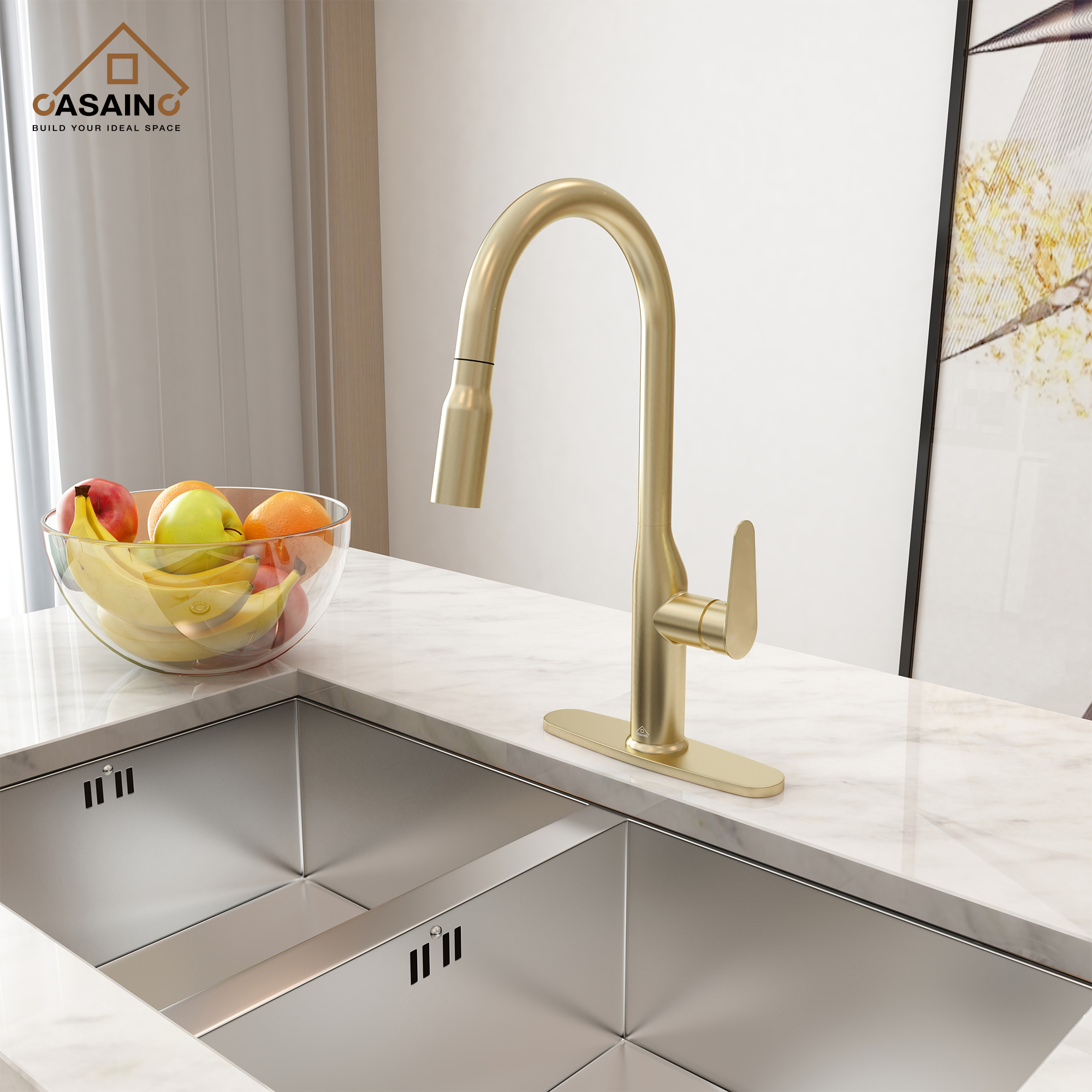 Single-Handle Pull-Out Sprayer Kitchen Faucet Deckplate Included in Brushed Nickel/Matte Black/Matte White/Brushed Gold